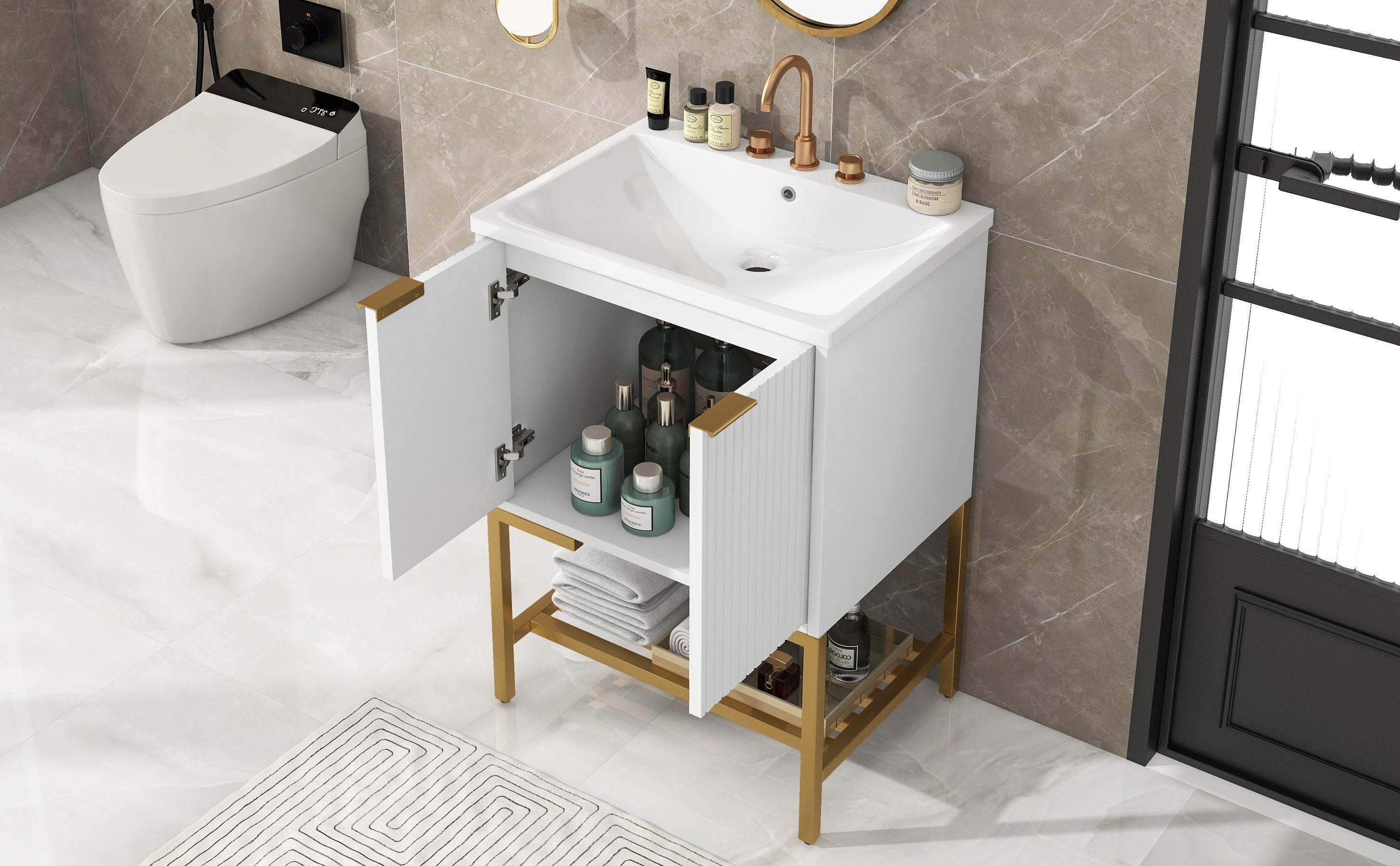 Bathroom Vanity With Sink, Bathroom Vanity Cabinet With Two Doors And Metal Frame, Open Storage Shelf - White / Gold