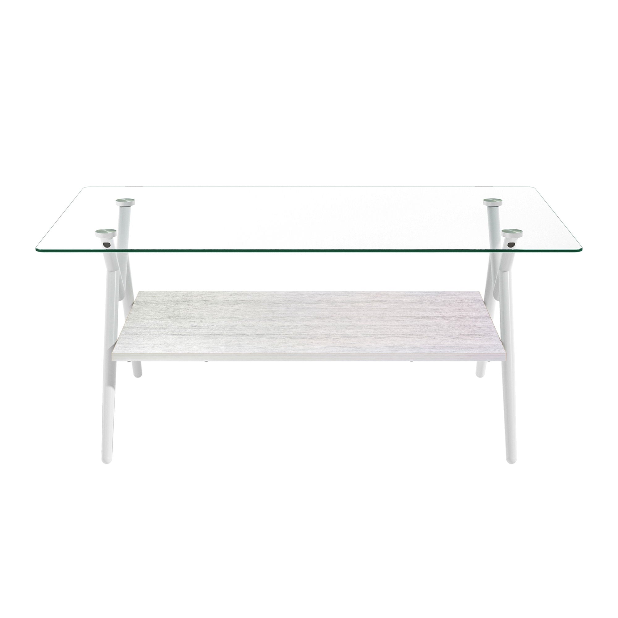 Rectangle Coffee Table With Tempered Glass Top And Shelf, Modern Table For Living Room