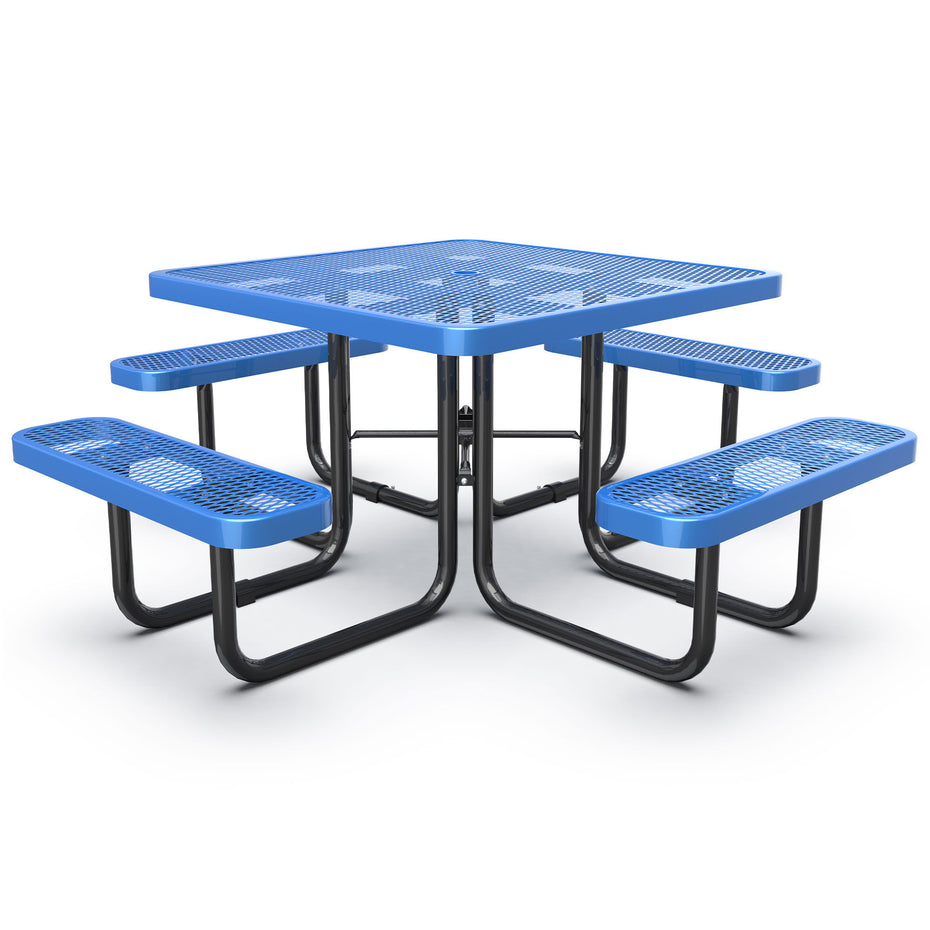 Square Outdoor Steel Picnic Table, With Umbrella Pole - Blue