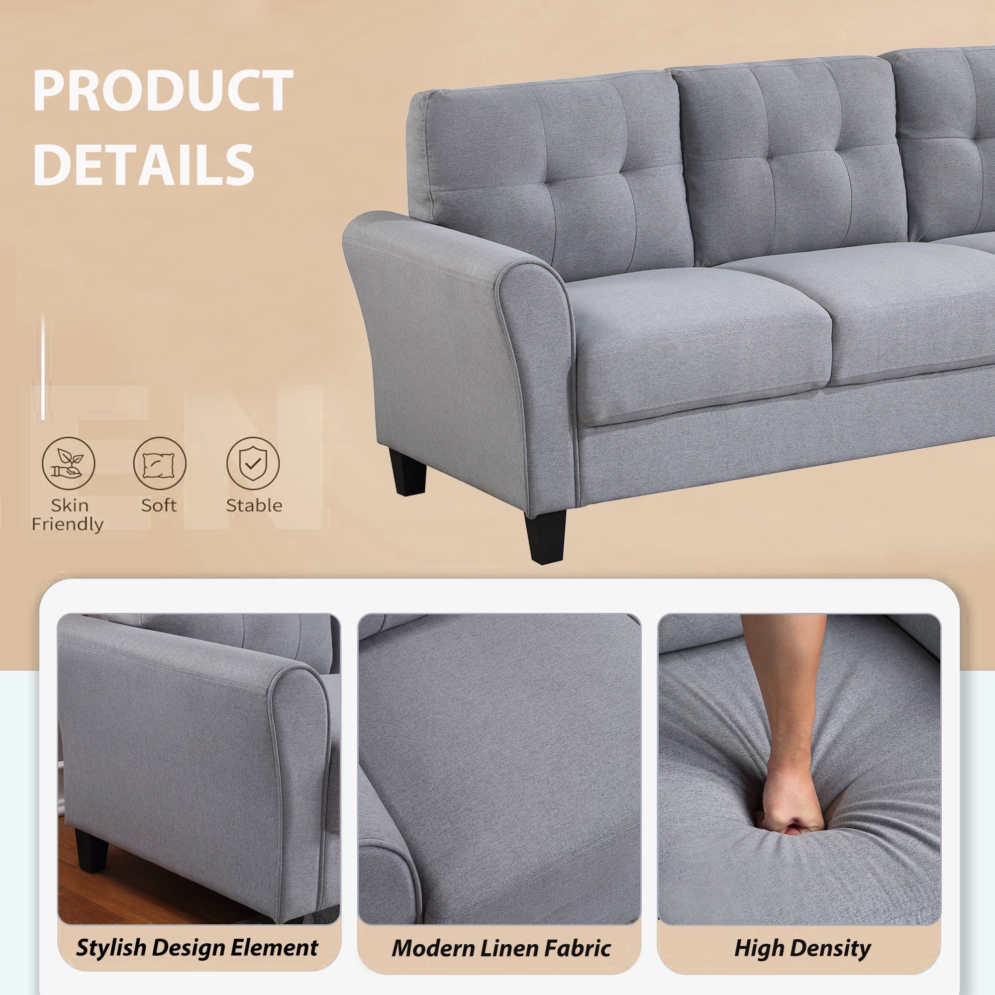 Modern Living Room Sofa Linen Upholstered Couch Furniture For Home Or Office