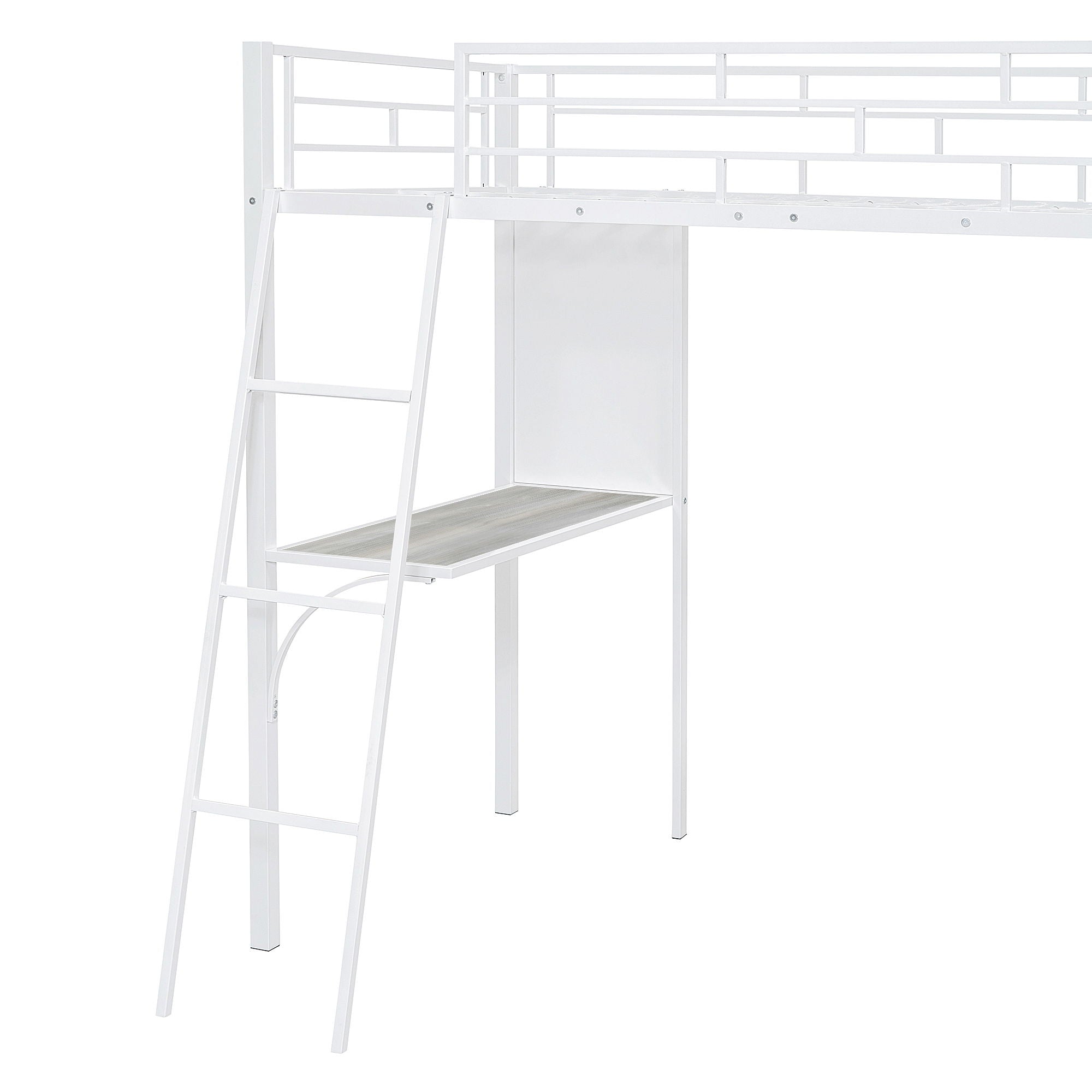 Loft Metal Bed With 3 Layers Of Shelves And Desk, Stylish Metal Frame Bed With Whiteboard