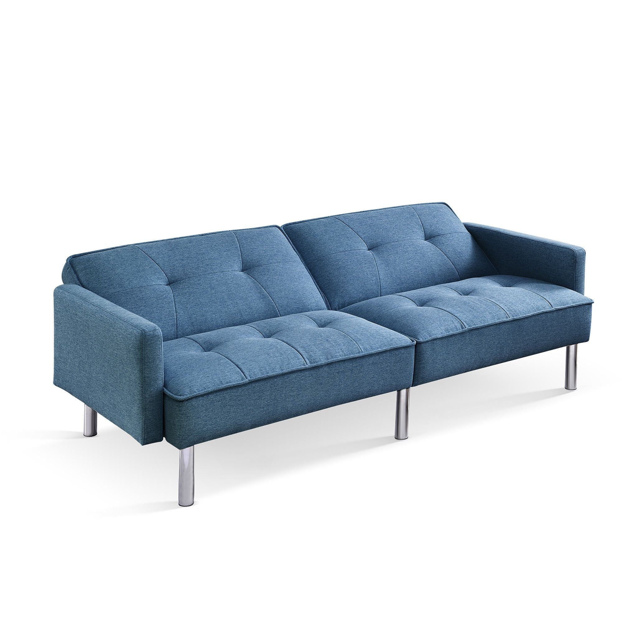 Polyester Blend Convertible Futon Sleeper Sofa And Toss Pillows With Silver Legs - Blue