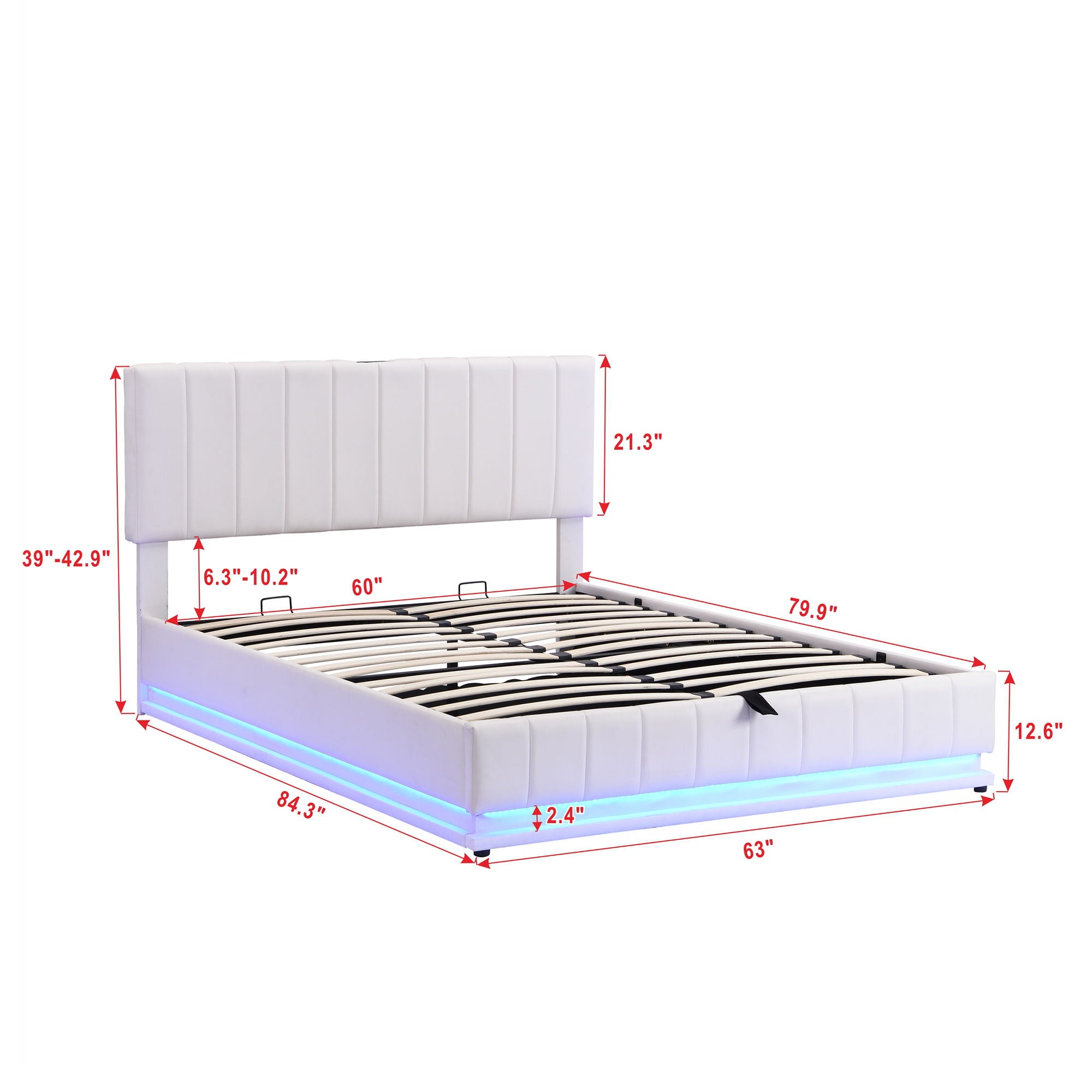 Queen Size Upholstered Bed With Hydraulic Storage System And LED Light, Modern Platform Bed With Sockets And USB Ports