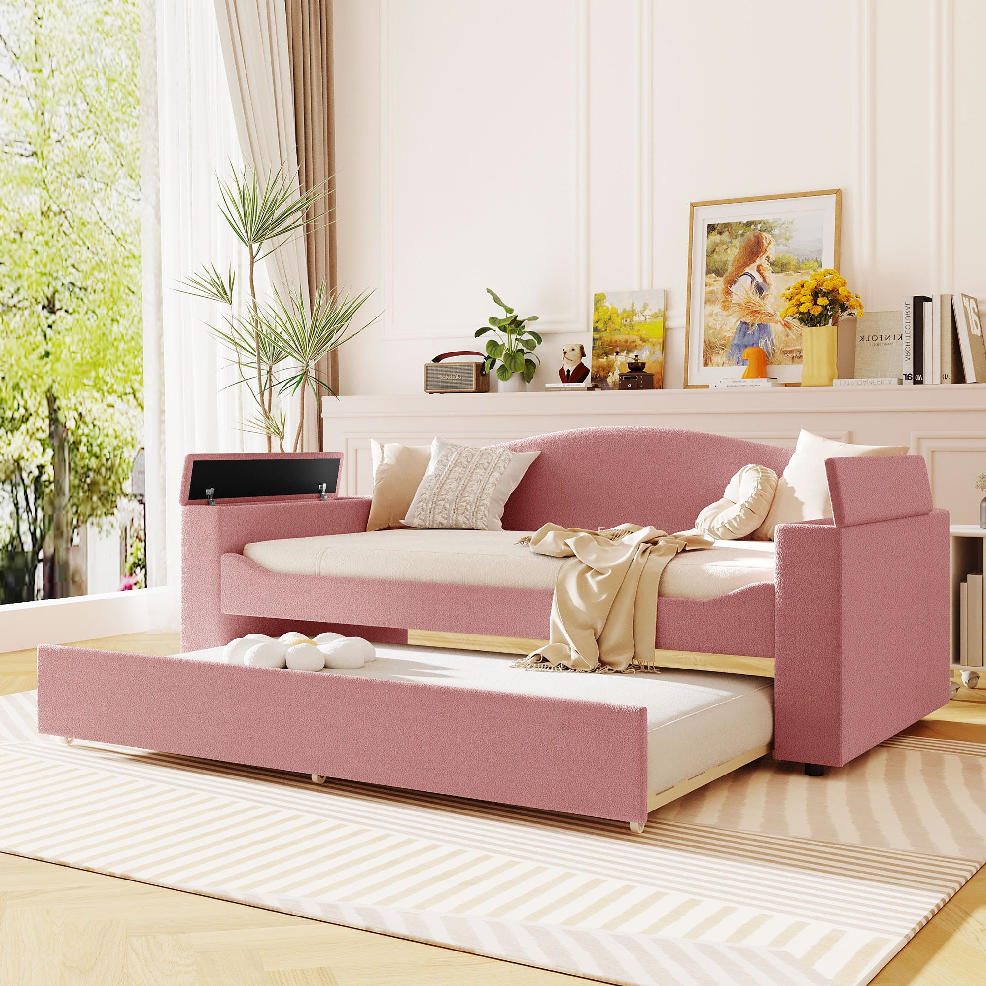 Twin Size Upholstered Daybed With Storage Armrests, Trundle And Latest Integrated Bluetooth Audio System, Teddy Fleece