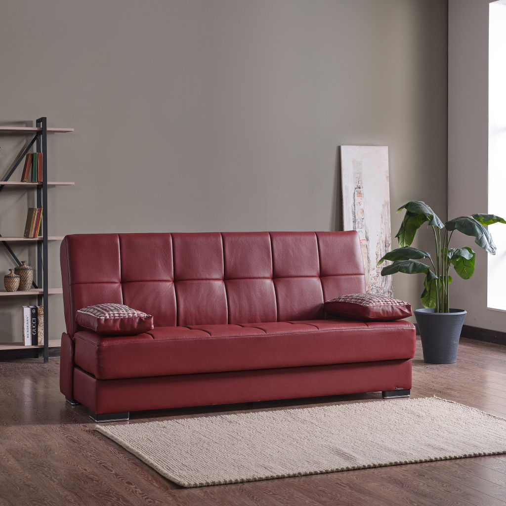 Faux Leather Convertible Futon Sleeper Sofa And Toss Pillows With Brown Legs - Burgundy