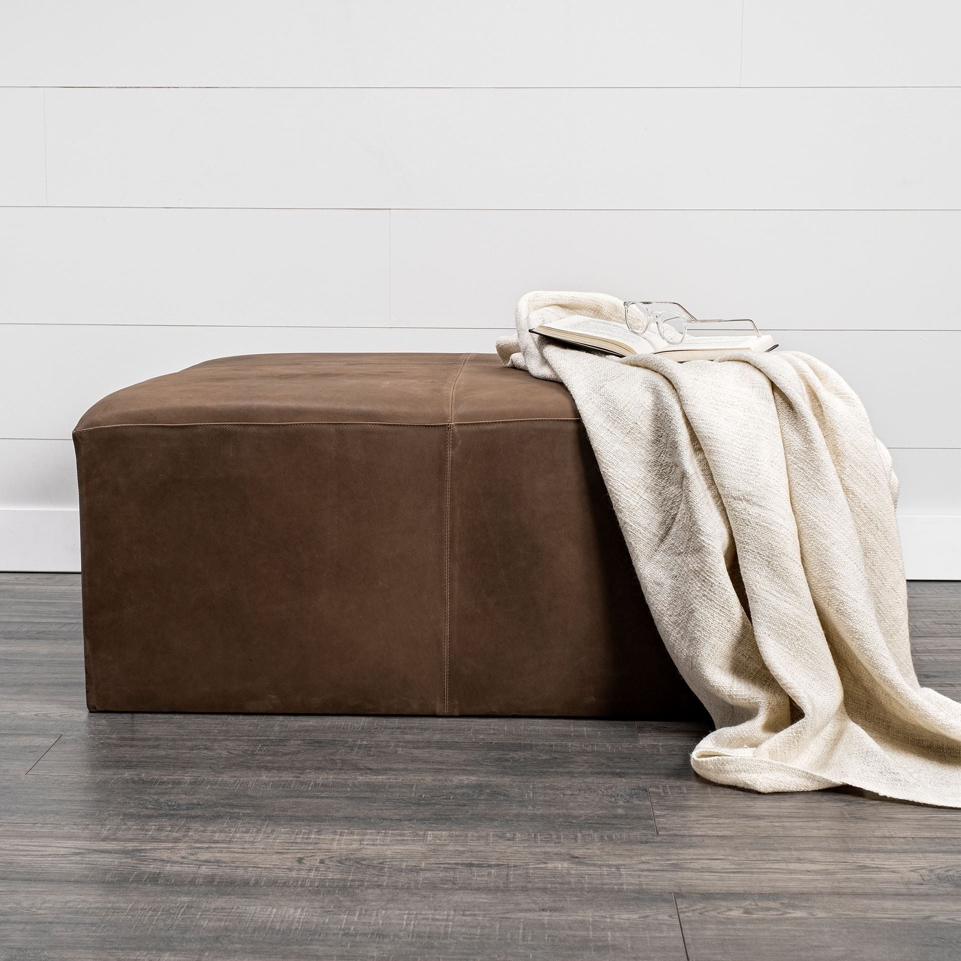 Faux Leather Cube Ottoman - Brown