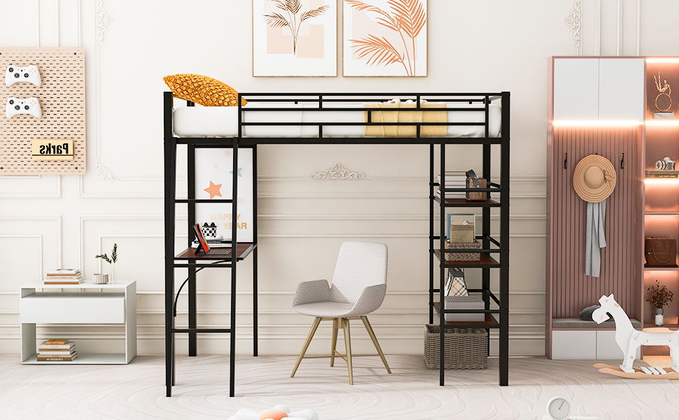 Loft Metal Bed With 3 Layers Of Shelves And Desk, Stylish Metal Frame Bed With Whiteboard