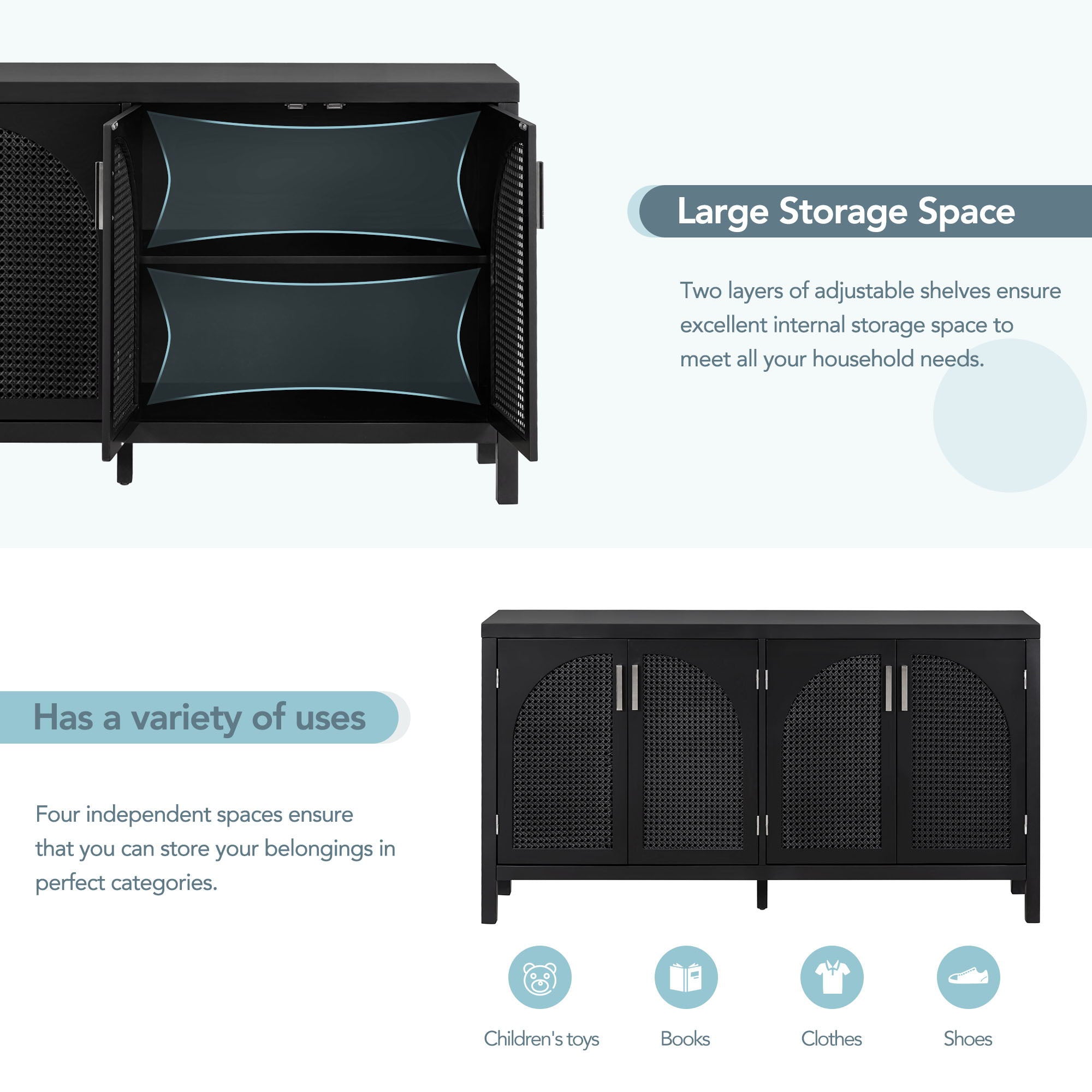 Large Storage Space Sideboard With Artificial Rattan Door And Metal Handles For Living Room And Entryway - Black