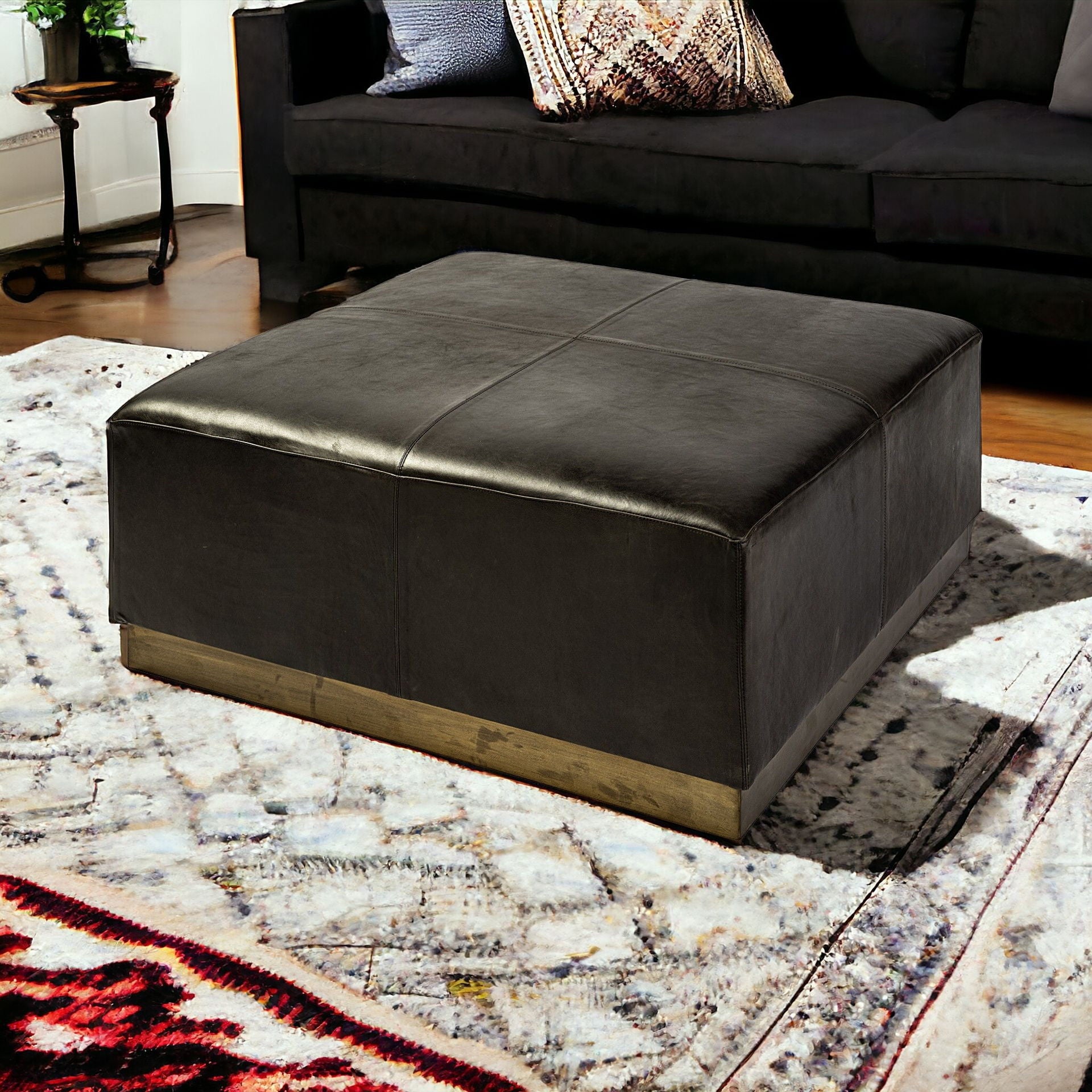 Faux Leather Footstool Ottoman - Black / Brown