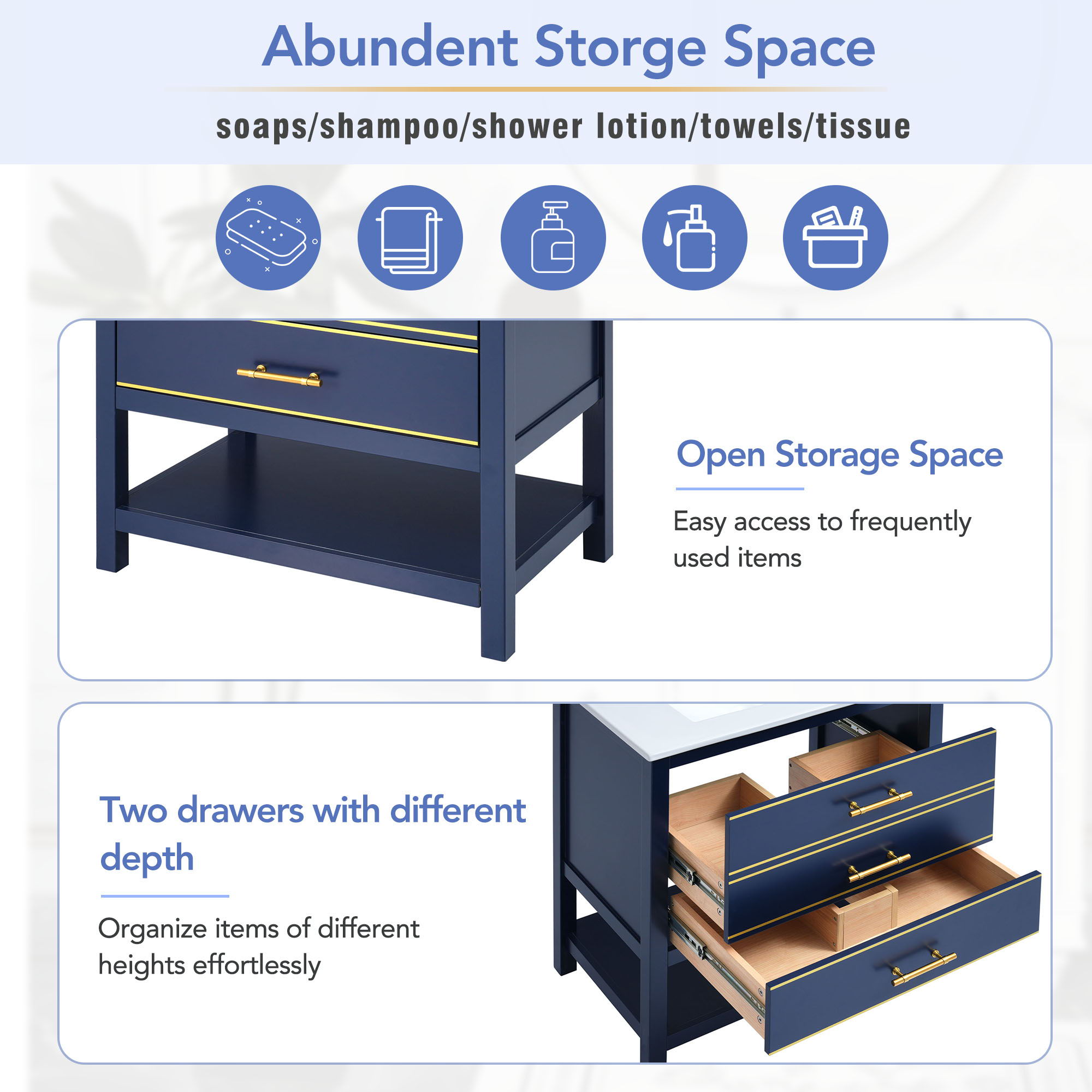 Modern Bathroom Vanity Cabinet Combo With Open storage, Two Drawers