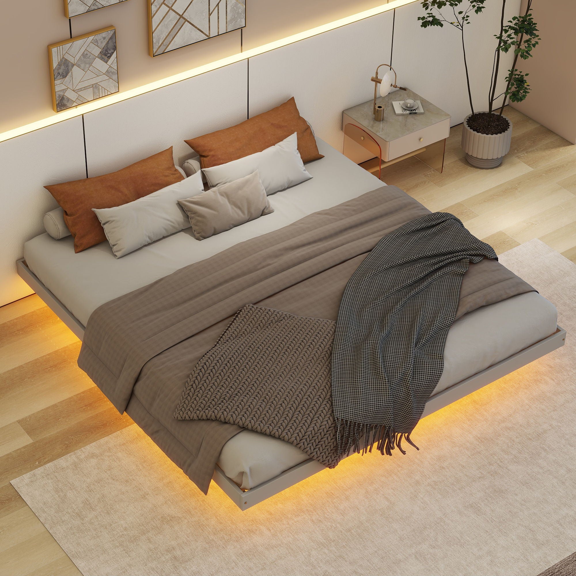 Floating Bed With Led Lights Underneath, Modern Queen Size Low Profile Platform Bed With Led Lights