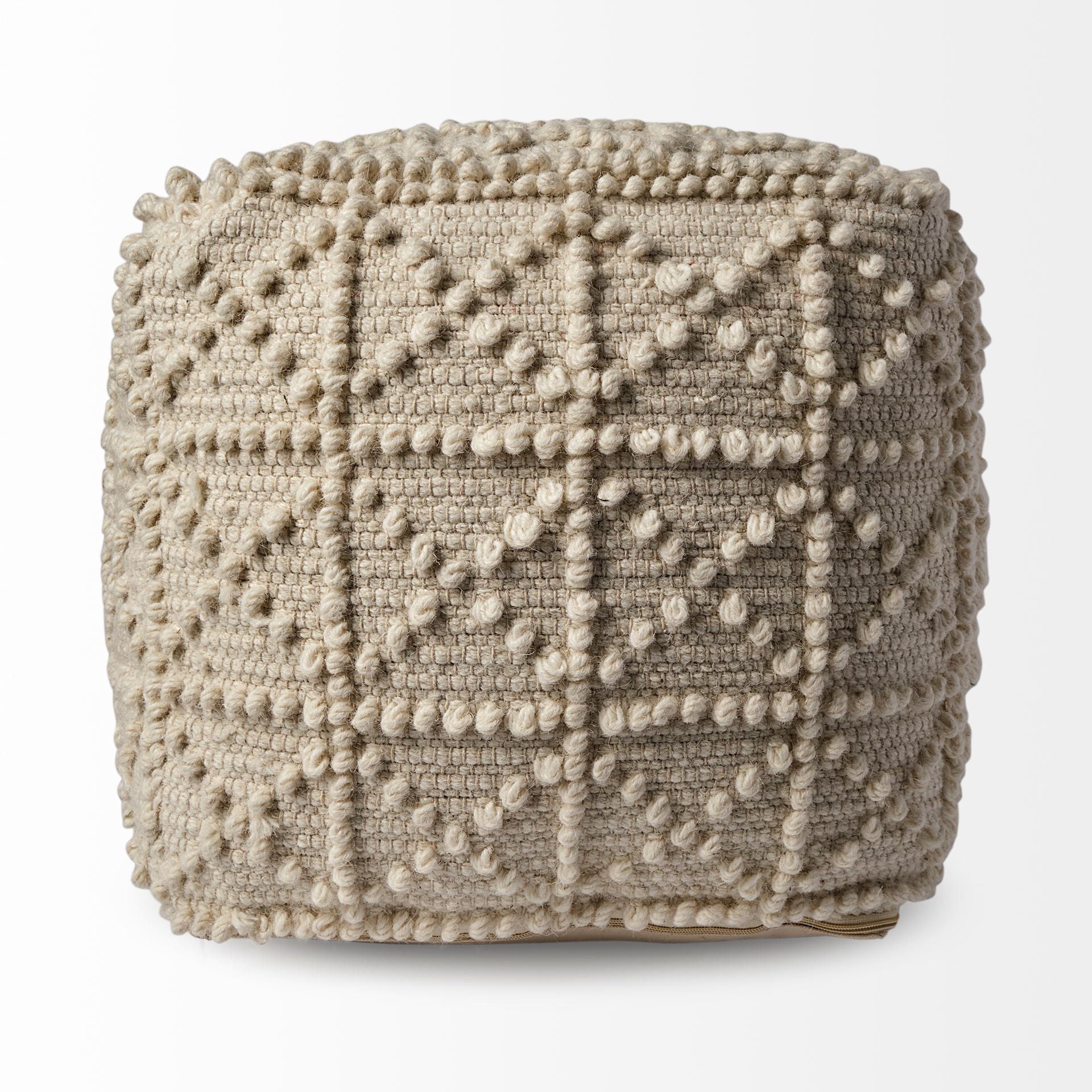 Wool Sqaure Pouf With Popcorn Detail - Ivory