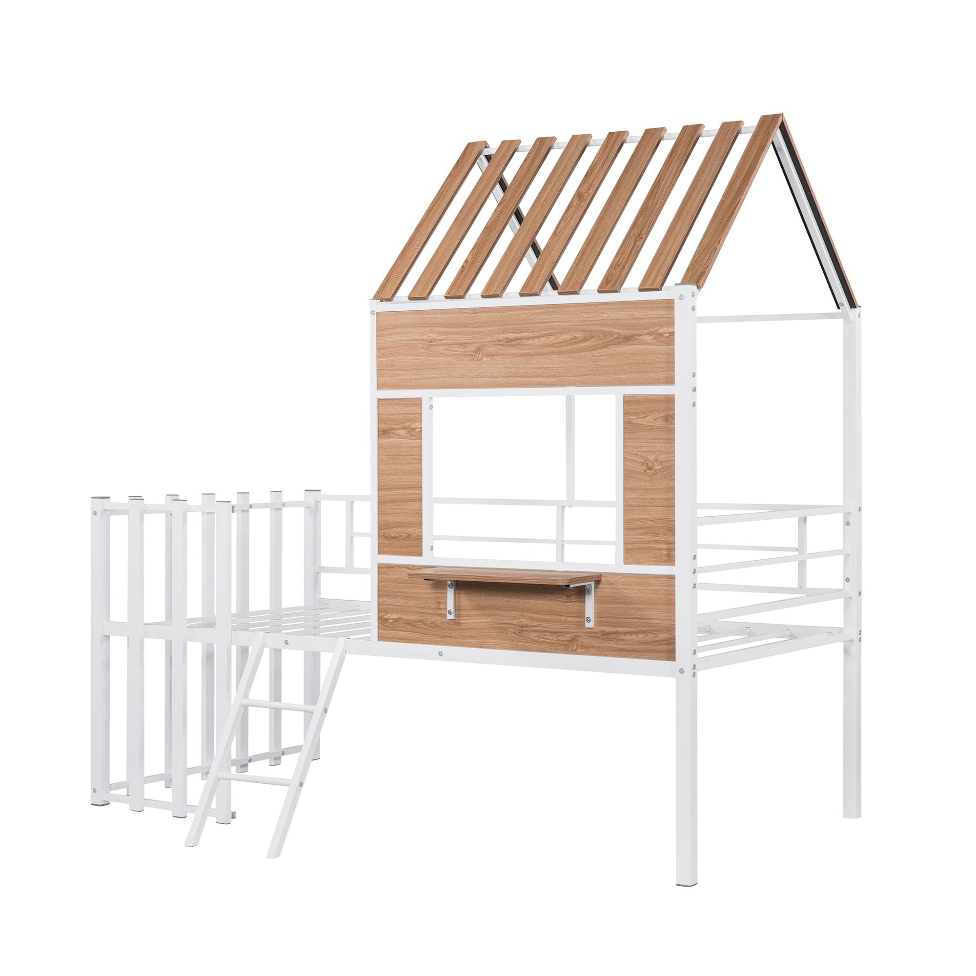 Twin Size Loft Bed With Roof, Window, Guardrail, Ladder