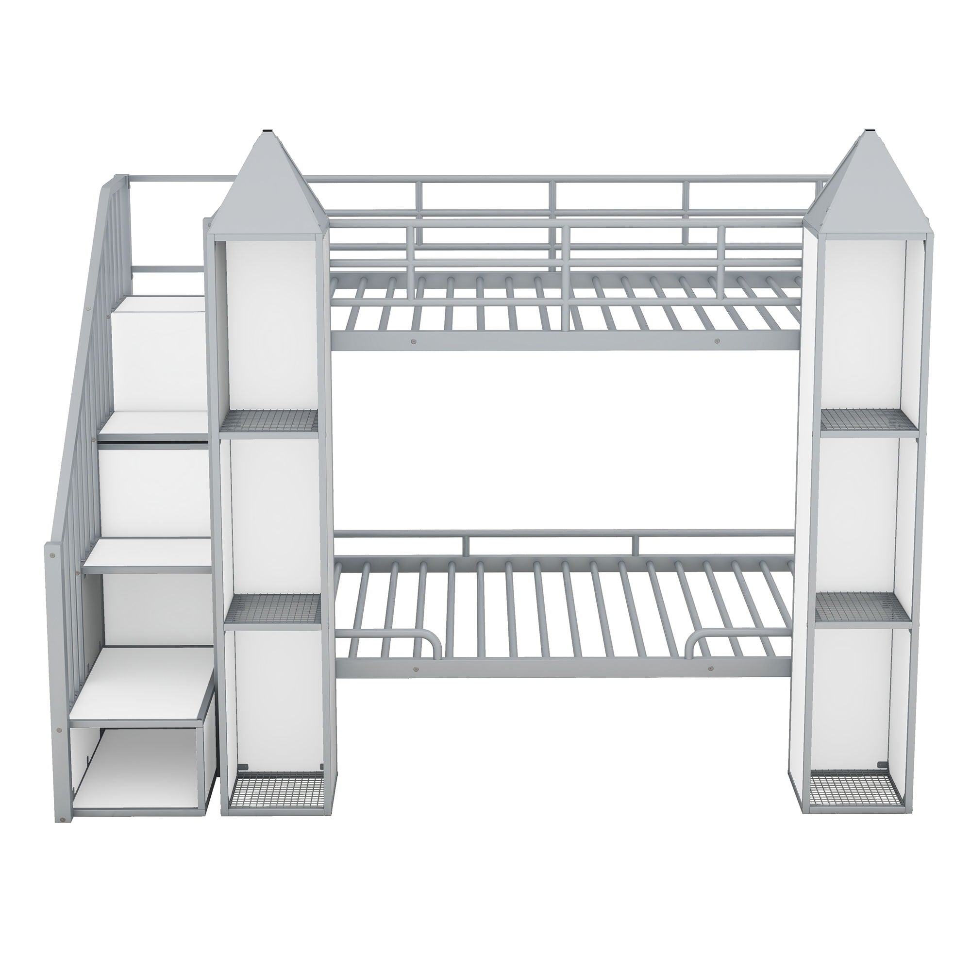 Metal Twin Over Twin Castle-Shaped Bunk Bed With Wardrobe And Multiple Storage - Gray / White