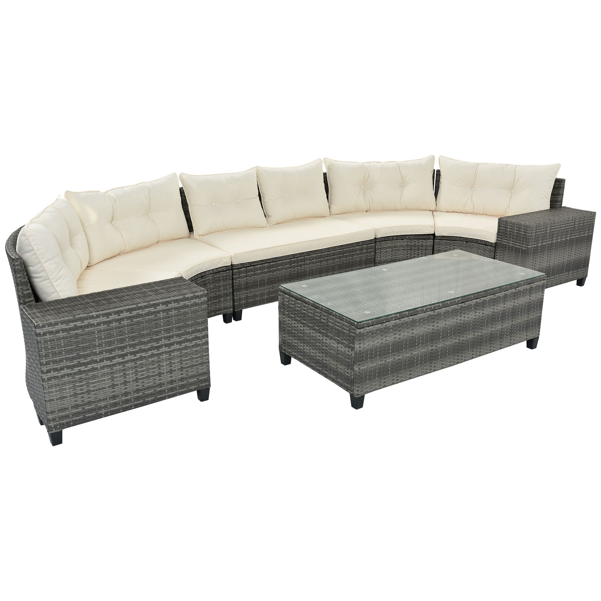 8 Pieces Outdoor Wicker Round Sofa Set, Half-Moon Sectional Sets All Weather, Curved Sofa Set With Rectangular Coffee Table, PE Rattan Water-Resistant And UV Protected, Movable Cushion