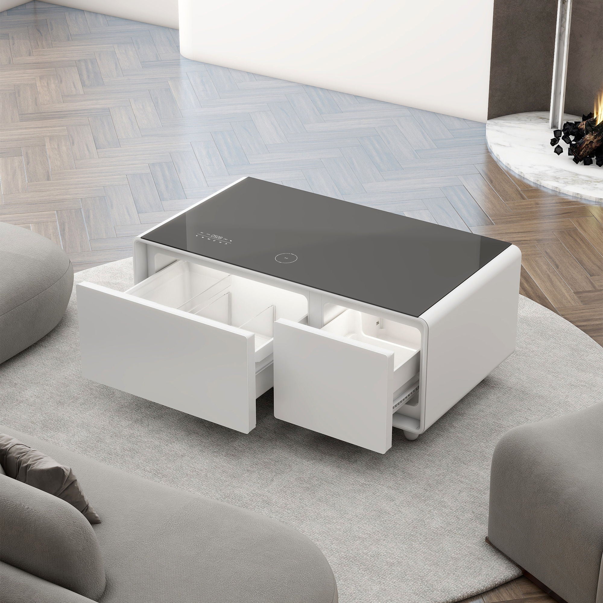 Modern Smart Coffee Table With Built-In Fridge - Bluetooth Speaker, Wireless Charging, Touch Control Panel, USB Interface, Outlet Protection, Atmosphere Light