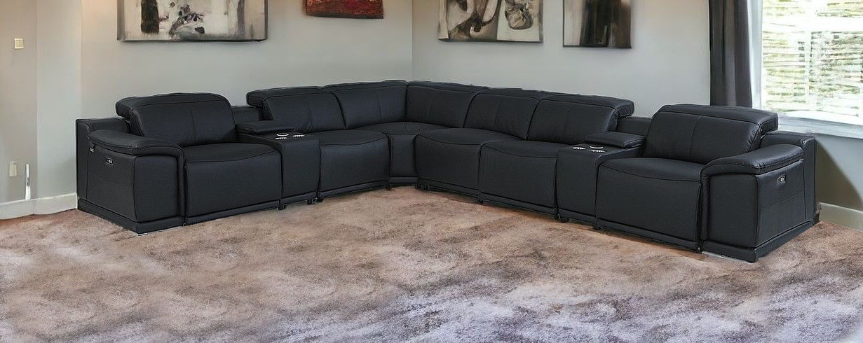 Italian Leather Power Reclining U Shaped Eight Piece Corner Sectional With Console - Black