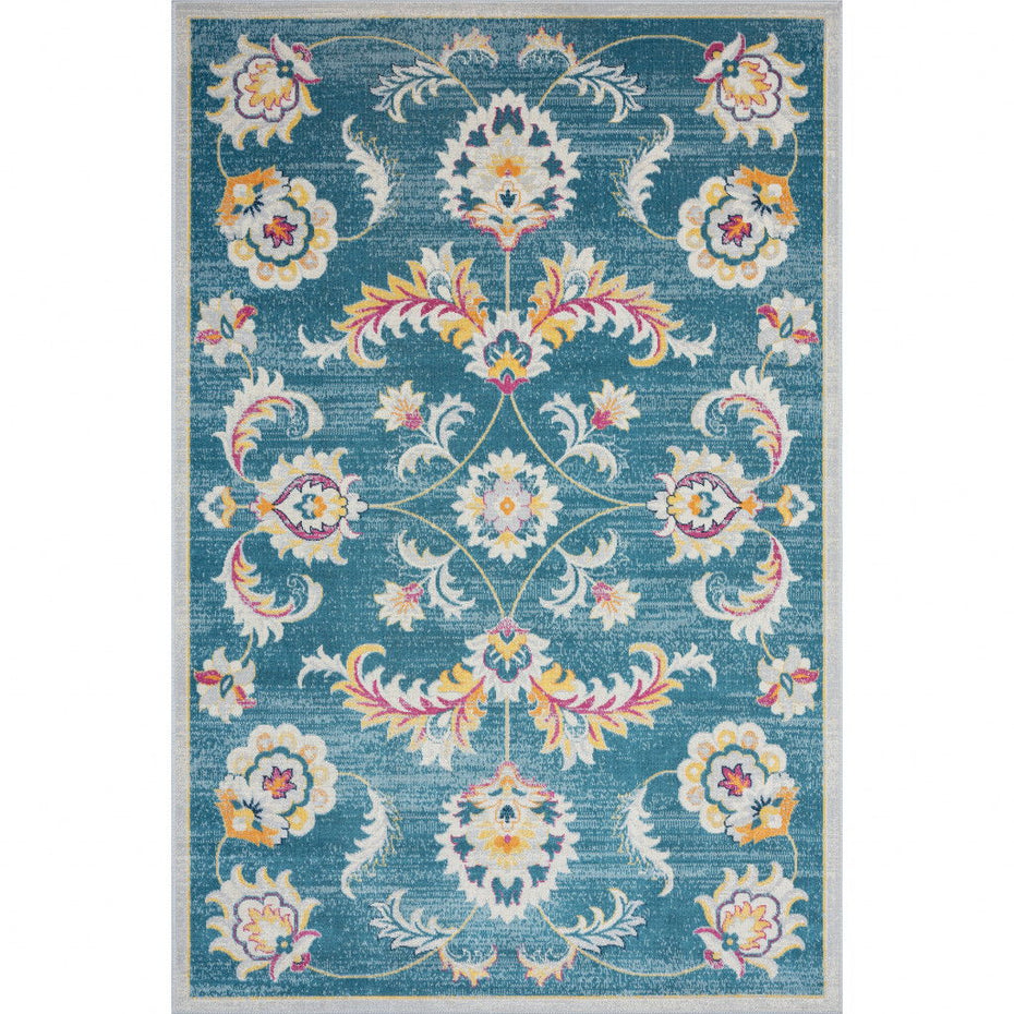 5' X 8' Floral Stain Resistant Outdoor & Indoor Area Rug - Blue / Ivory