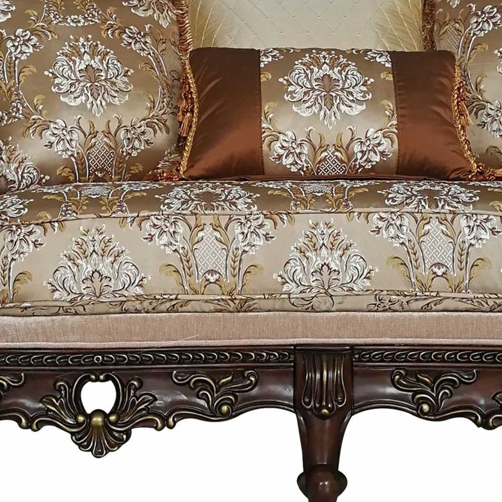 Polyester Blend Damask Chesterfield Loveseat And Toss Pillows - Cream / Brown