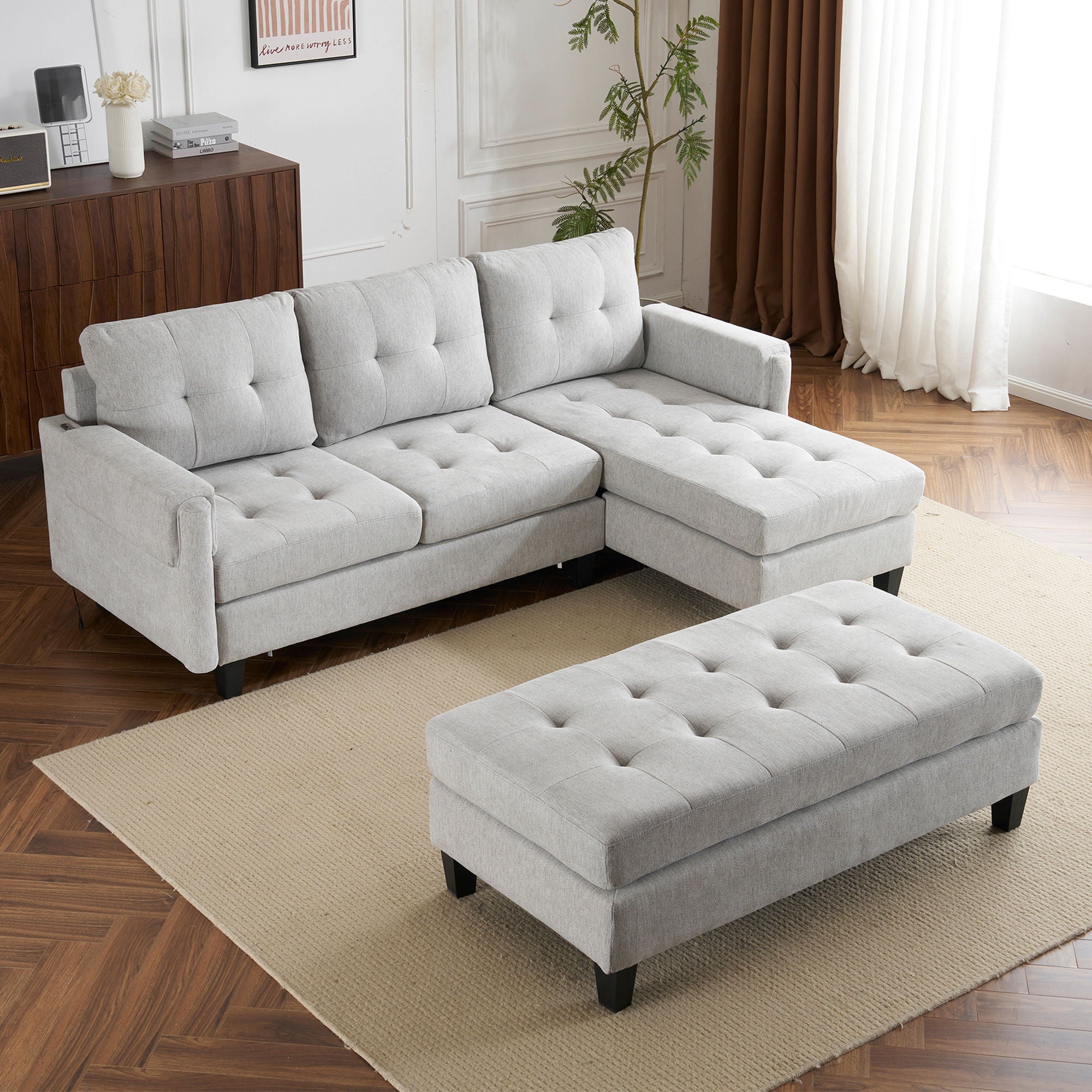 L Shaped Sofa Sectional Couch Sofa Bed With Two USB Ports, A Movable Ottoman And A Reversible Chaise Lounge For Living Room