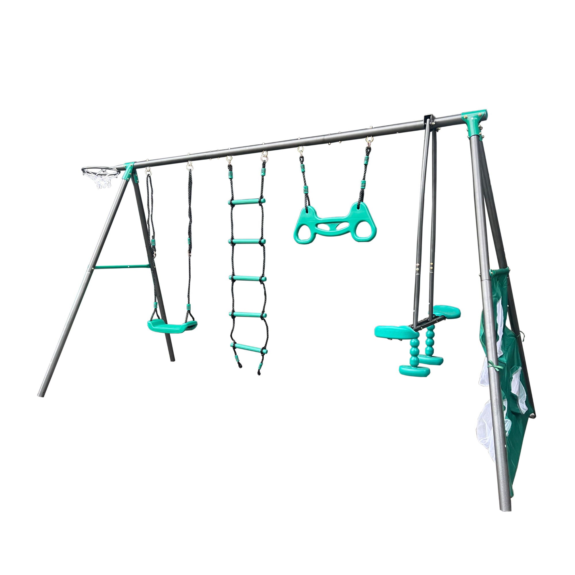 Interesting Four Function Swingset With Face To Face Metal Plastic Safe Swing Seat 550Lbs For Outdoor Playground For Age 3+ - Blackish Green