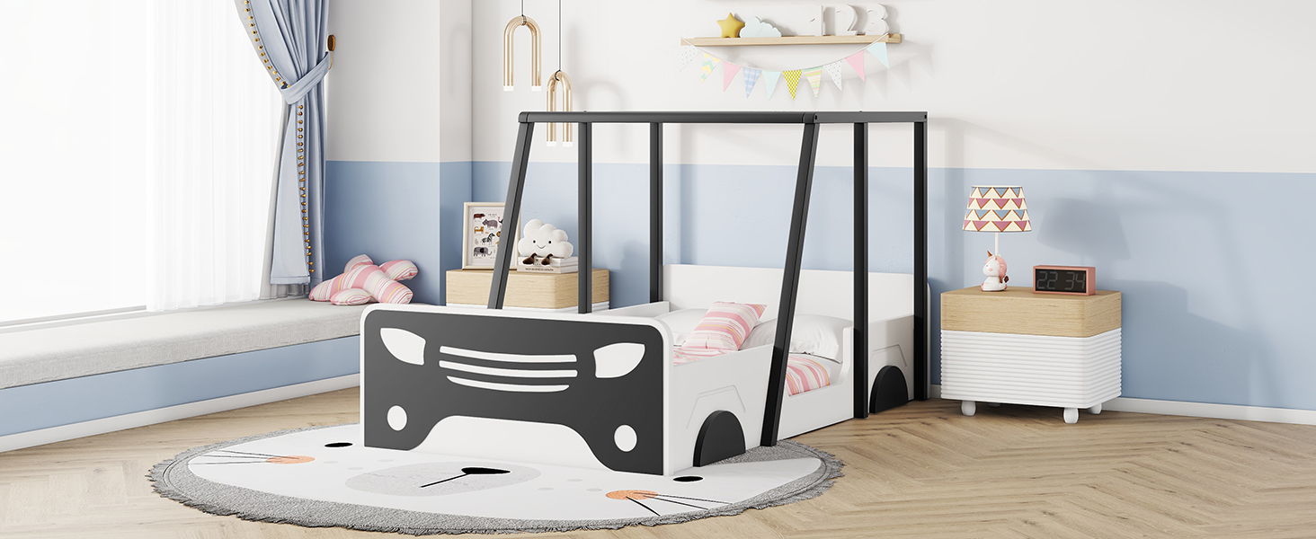 Twin Size Car-Shaped Bed With Roof, Wooden Twin Floor Bed With Wheels And Door Design, Montessori Inspired Bedroom