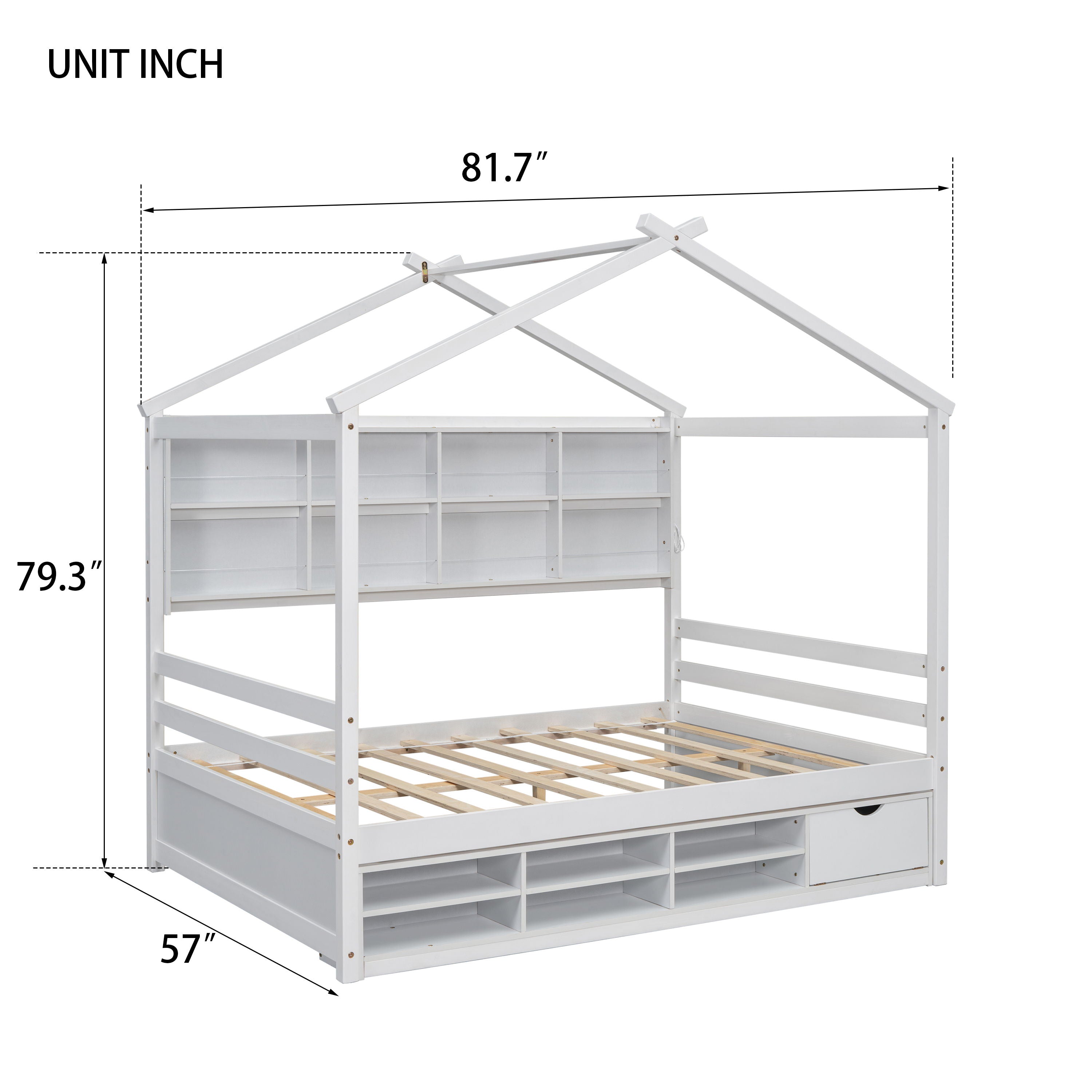 House Bed With Roof Frame, Bedside-Shelves, Under Bed Storage Unit