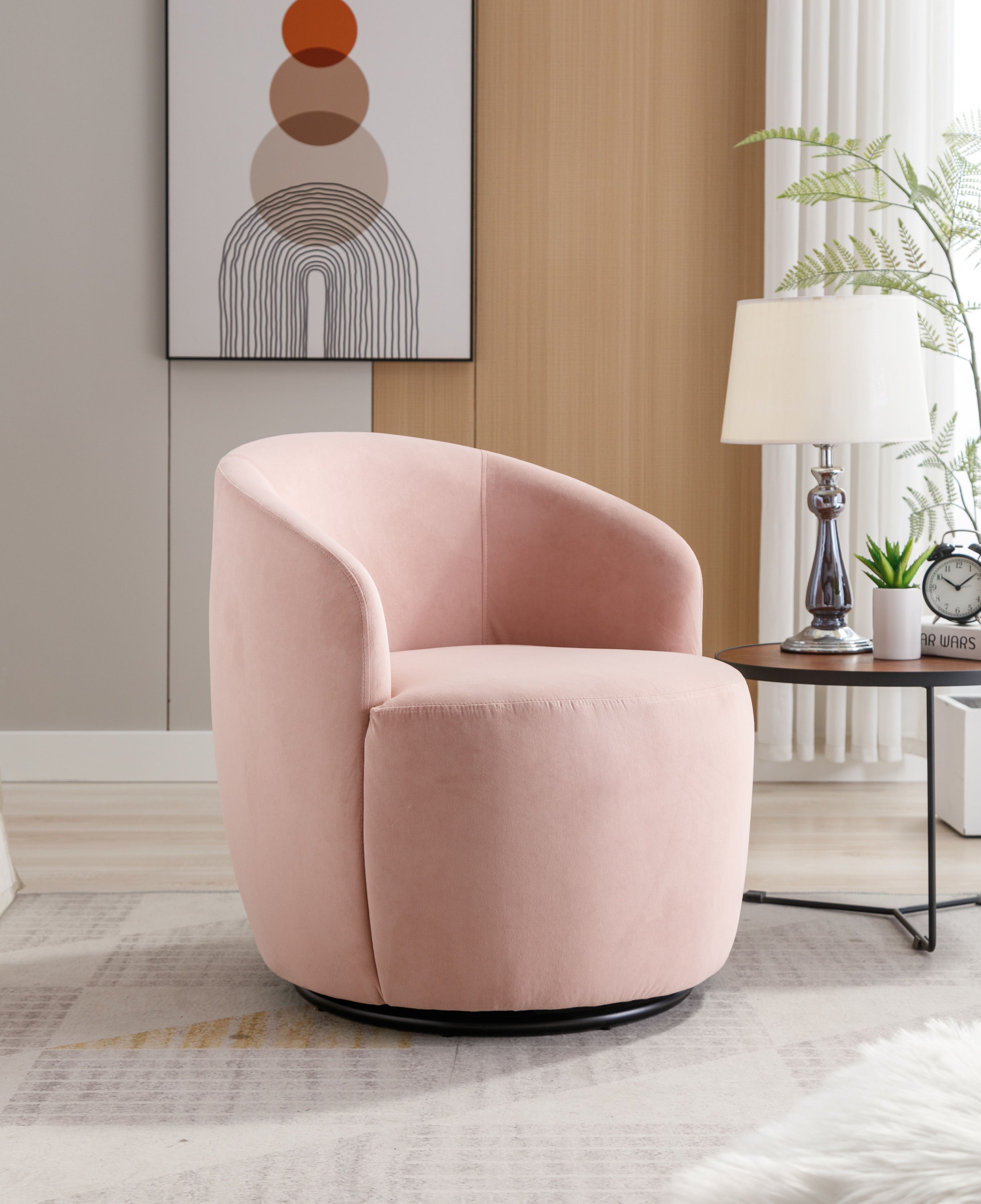 Velvet Fabric Swivel Accent Armchair Barrel Chair With Powder Coating Metal Ring