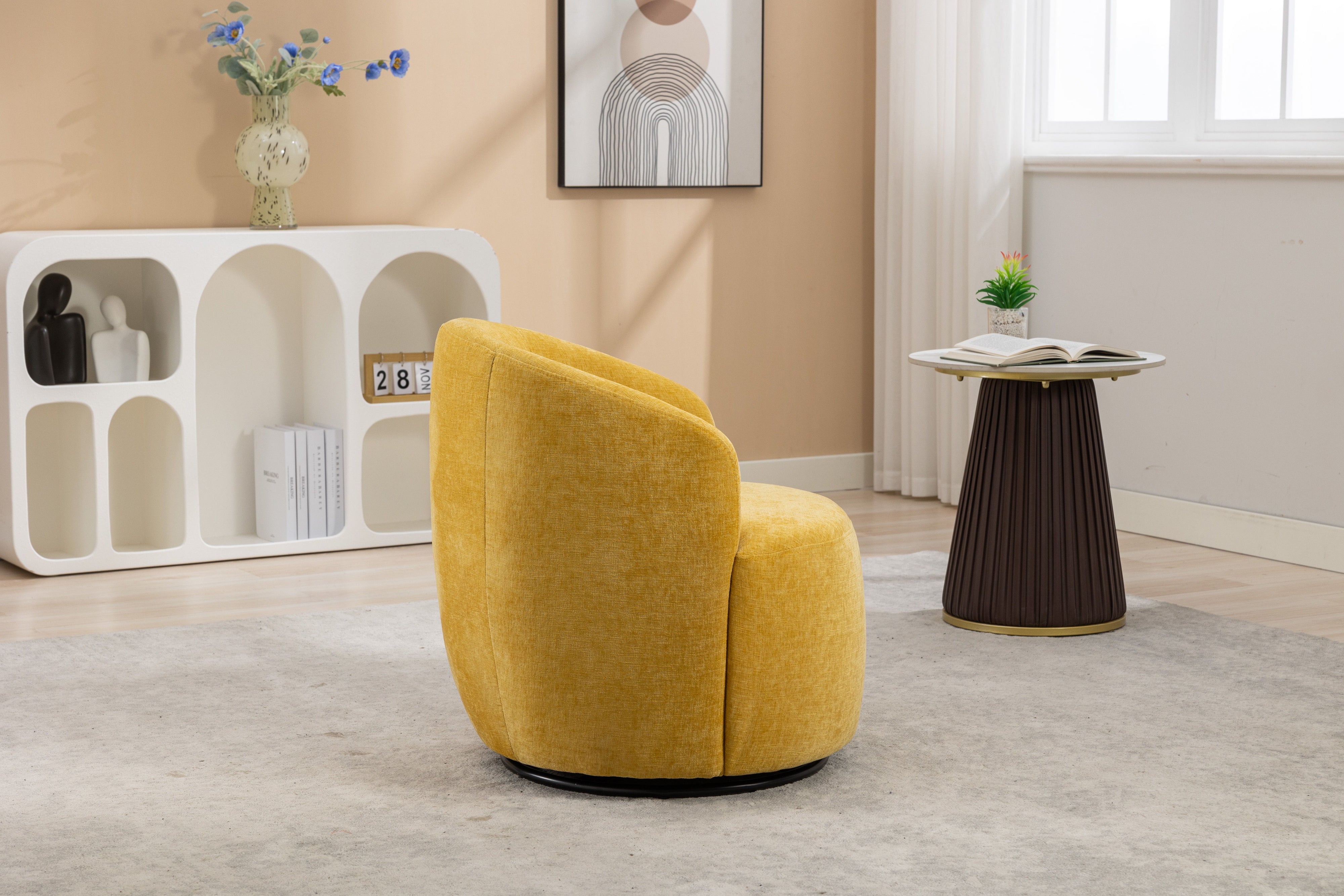 Chenille Fabric Swivel Accent Armchair Barrel Chair With Powder Coating Metal Ring