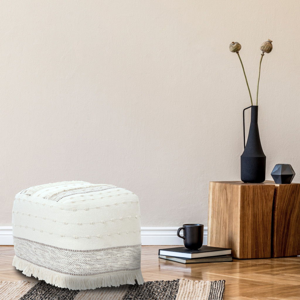 Cotton Striped Pouf Ottoman - Cream