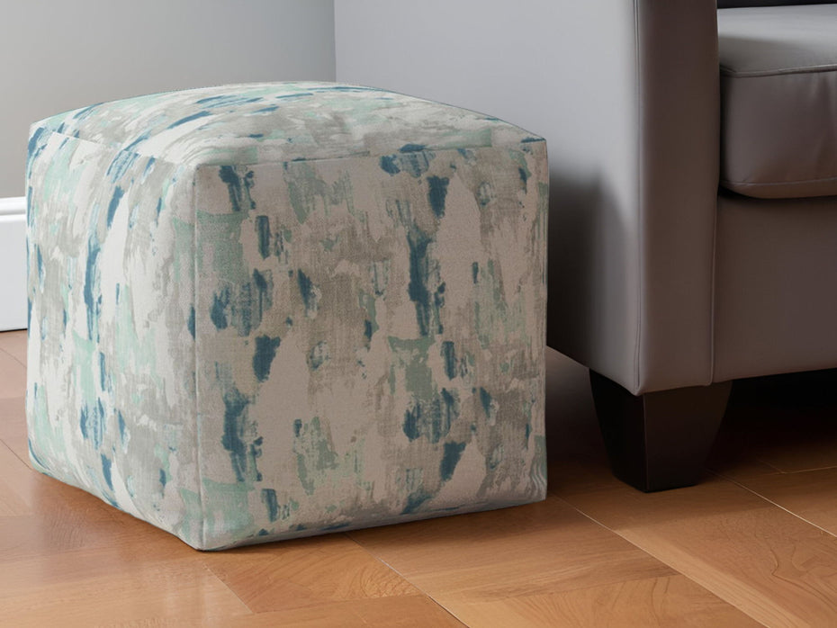 Canvas Abstract Pouf Ottoman - Blue / White