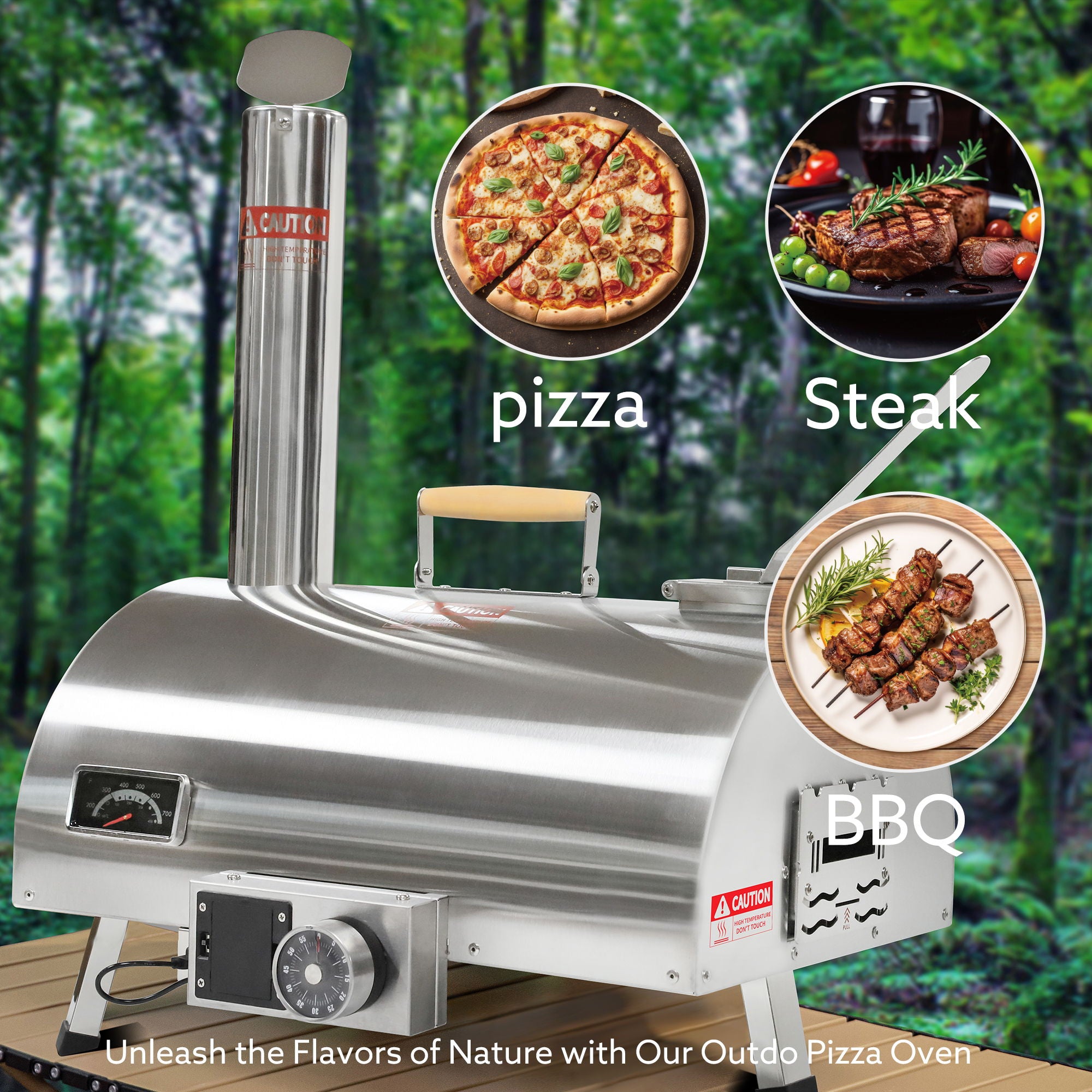 Pizza Oven Outdoor 12" Automatic Rotatable Pizza Ovens Portable Stainless Steel Wood Fired Pizza Oven Pizza Maker With Built-In Thermometer Pizza Cutter Carry Bag