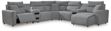 Modmax - Salt And Pepper - Reclining Sectional Gray 7 Pc. Power Reclining Sectional With RAF Press Back Power Chaise by Signature Design by Ashley® | Bel Furniture