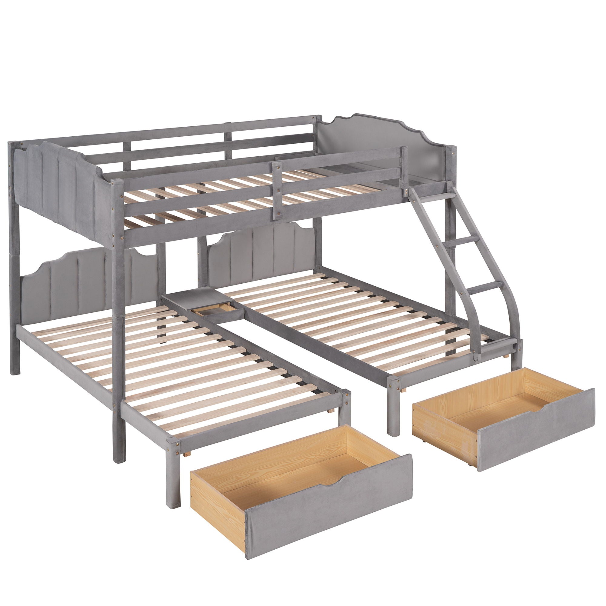 Full Over Twin & Twin Bunk Bed, Velvet Triple Bunk Bed With Drawers And Guardrails - Gray