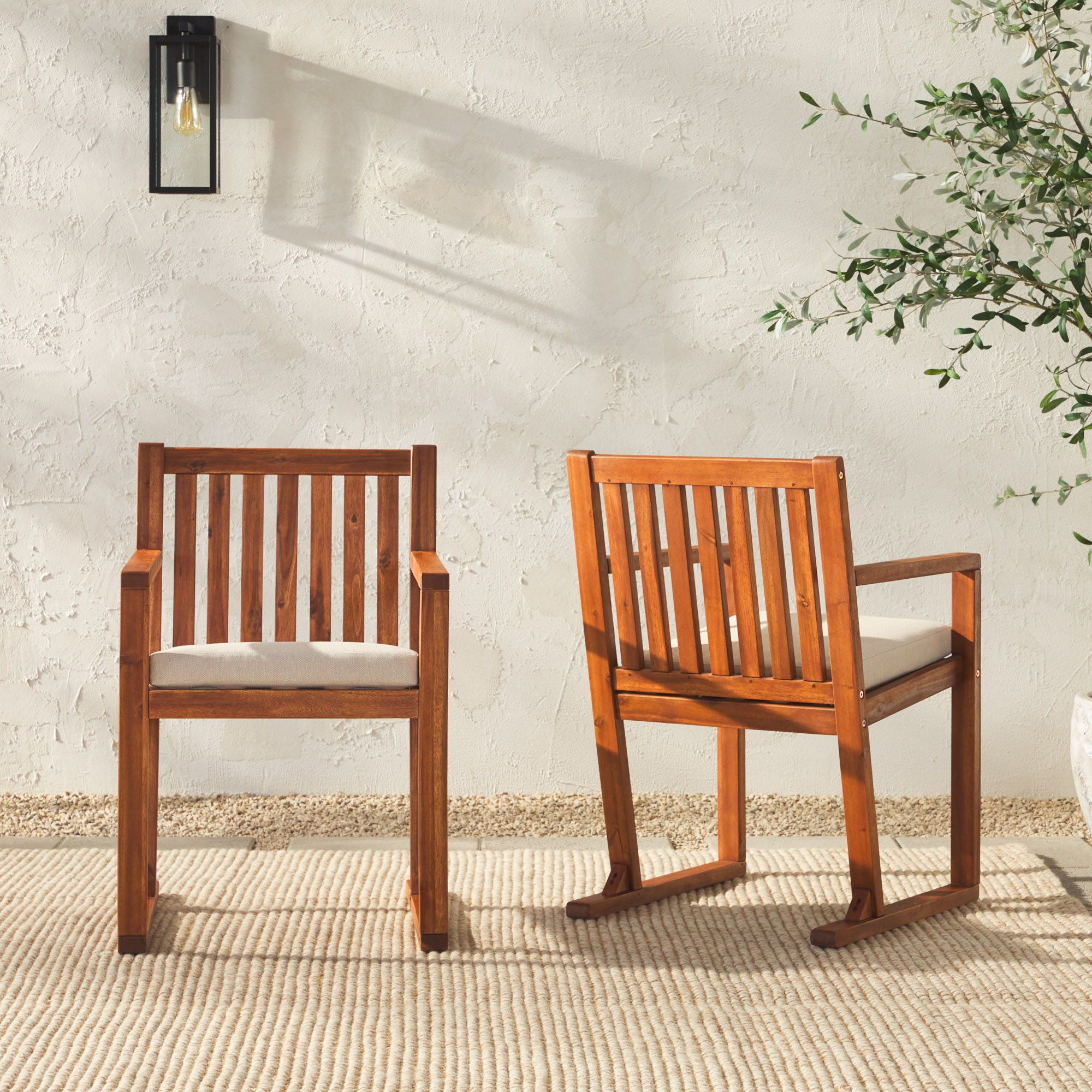 Contemporary 2 Piece Solid Wood Slat Back Patio Dining Chairs - Brown