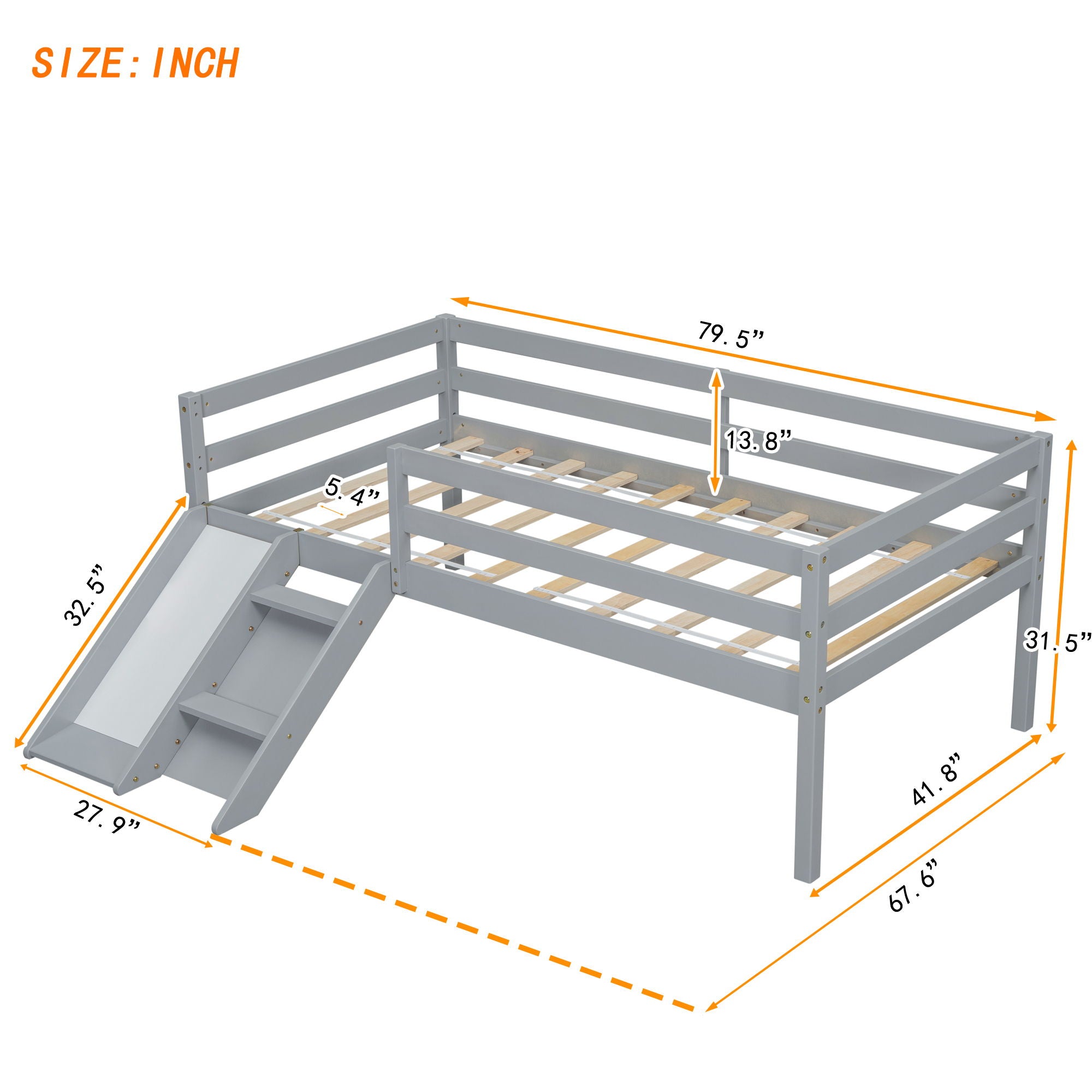 Low Loft Bed With Slide, Ladder, Safety Guardrails, No Box Spring Needed