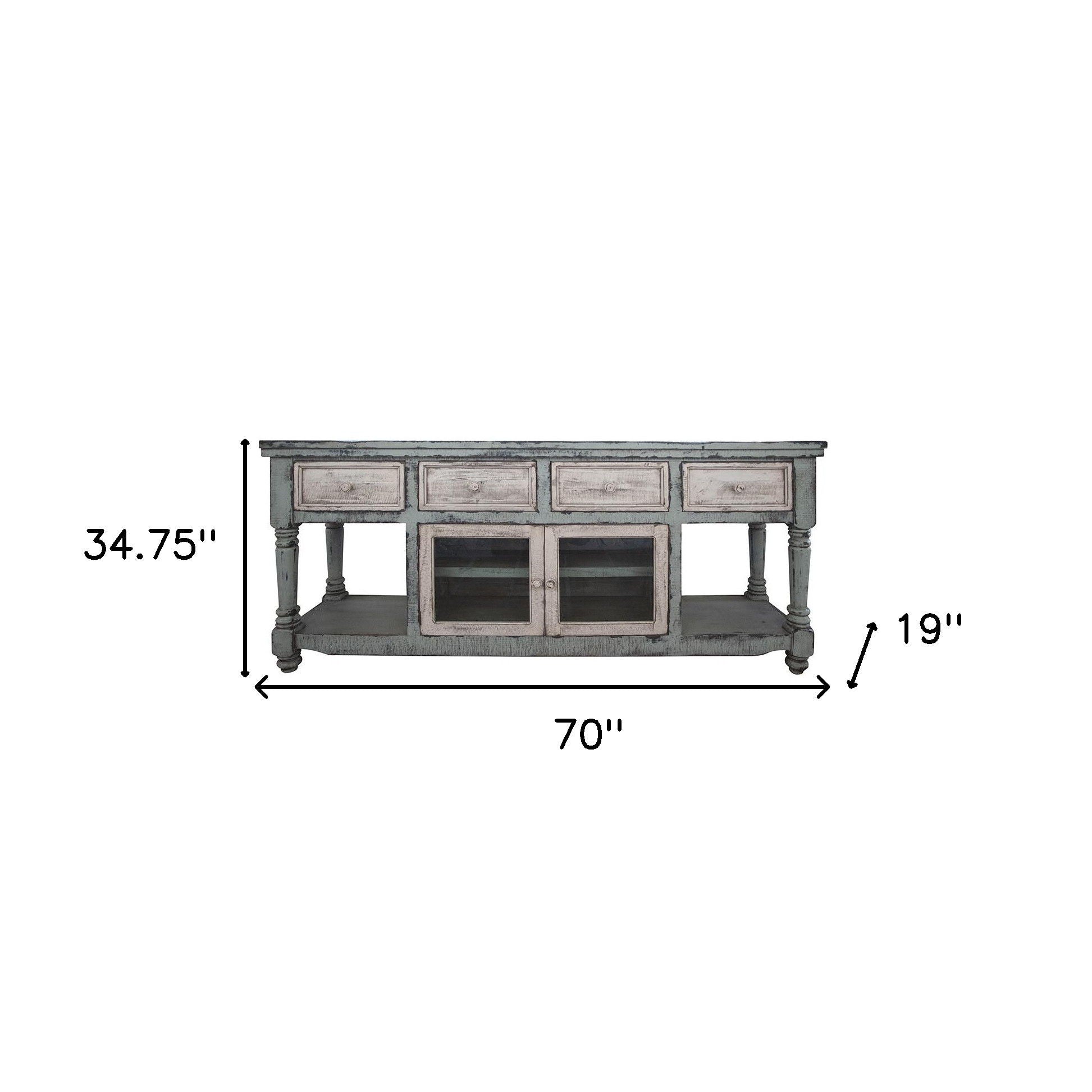 Solid Wood Open Shelving Distressed TV Stand - Blue / White