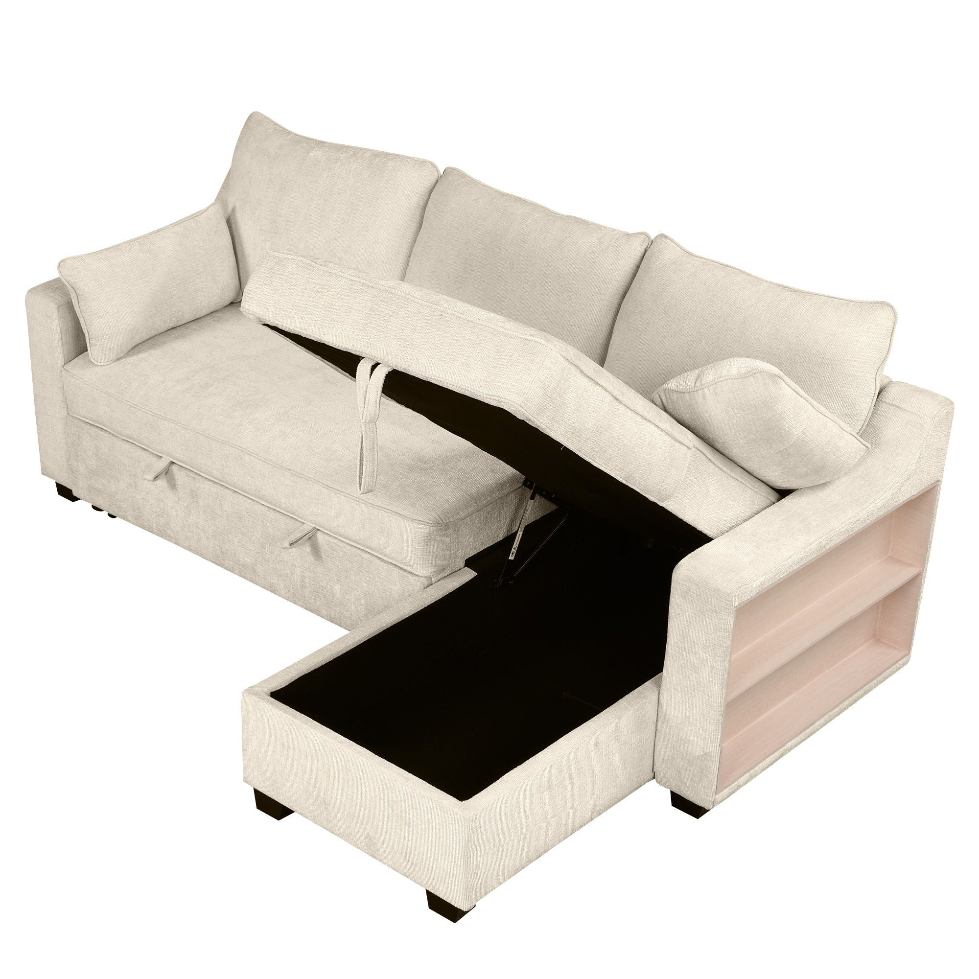 Pull Out Sleeper Sofa L-Shaped Couch Convertible Sofa Bed With Storage Chaise, Storage Racks And USB Ports