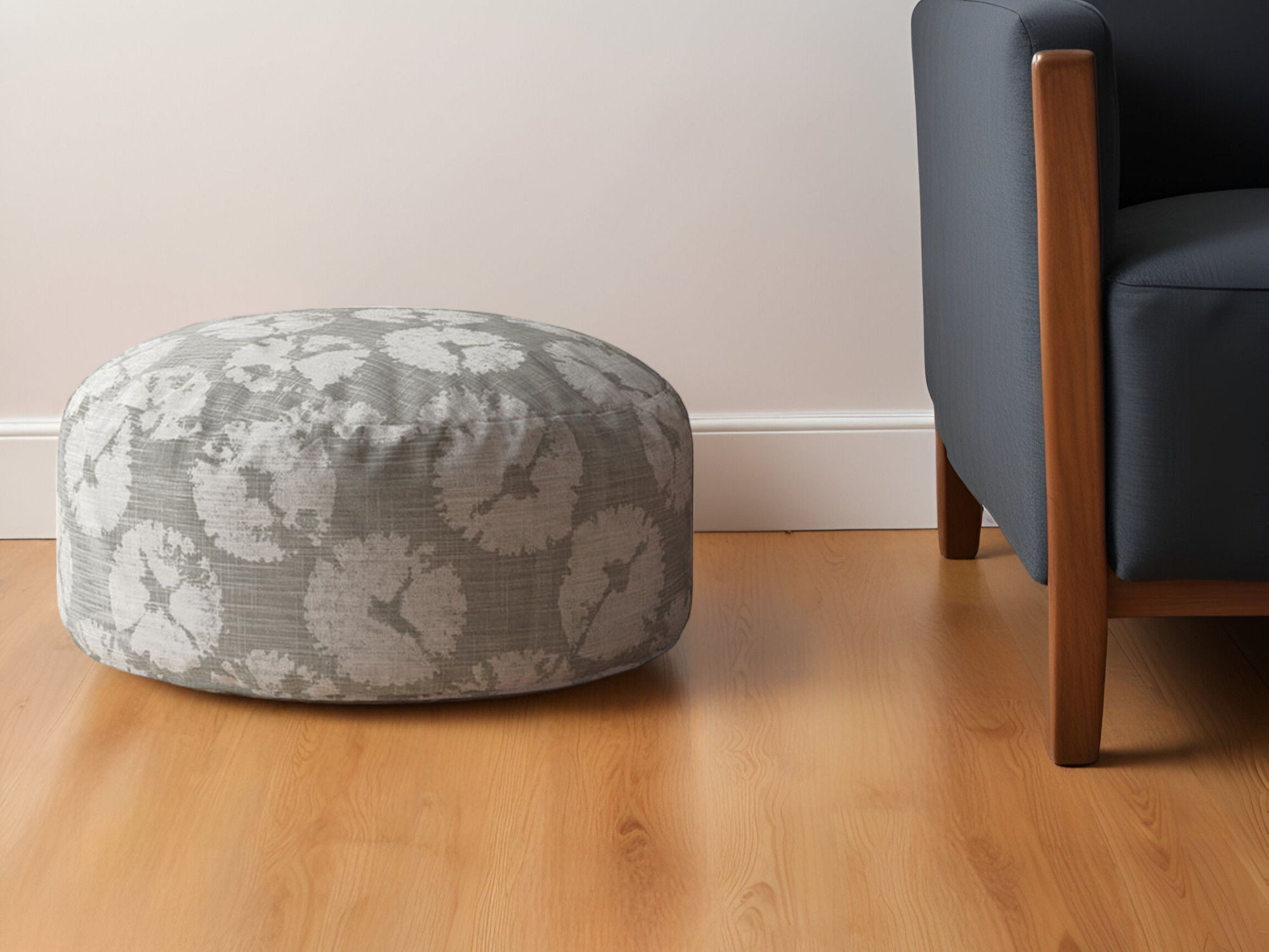 Canvas Round Floral Pouf Ottoman - Gray