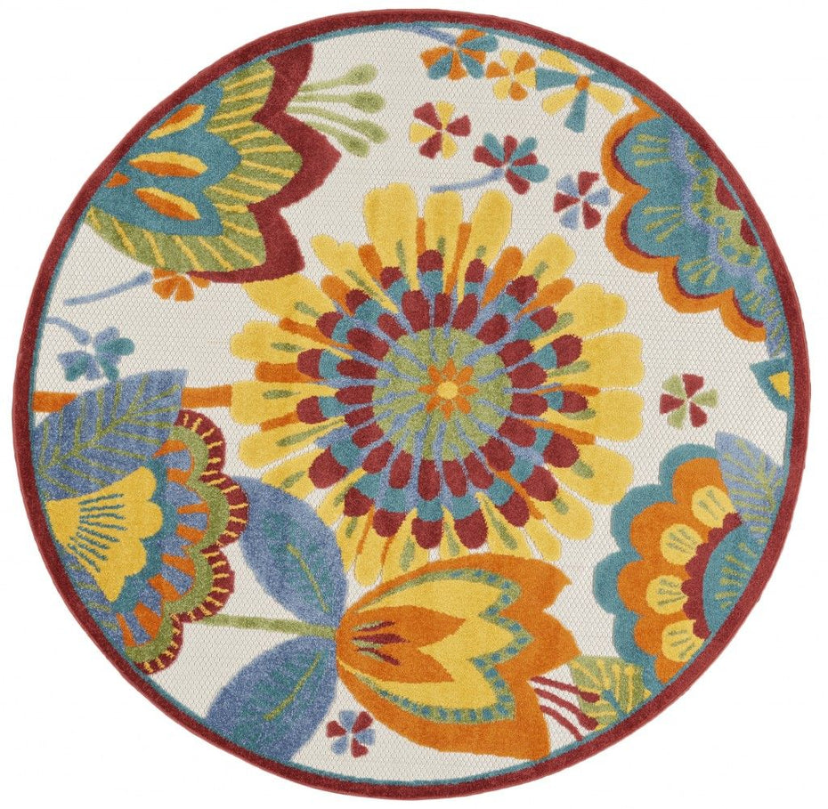 4' Round Round Floral Indoor / Outdoor Area Rug - Yellow / Ivory