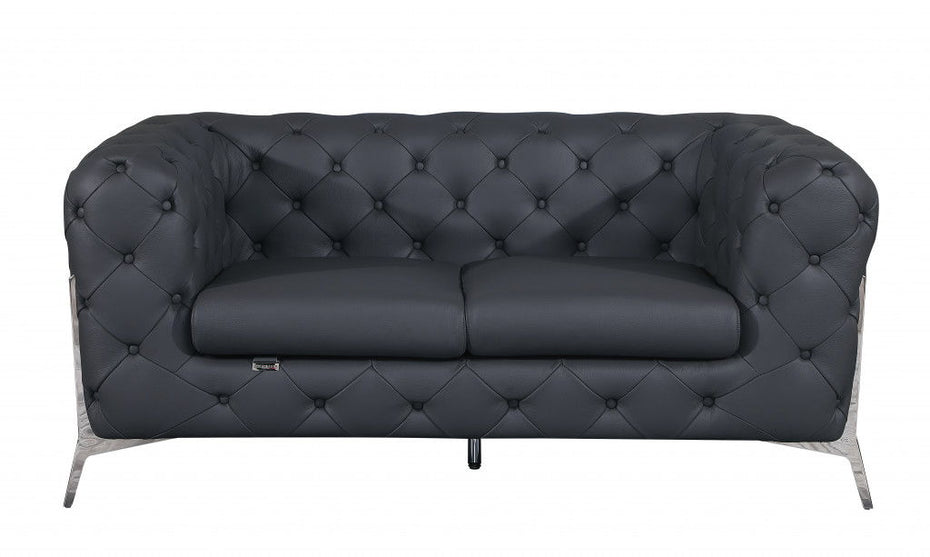 Italian Leather Loveseat - Gray / Silver