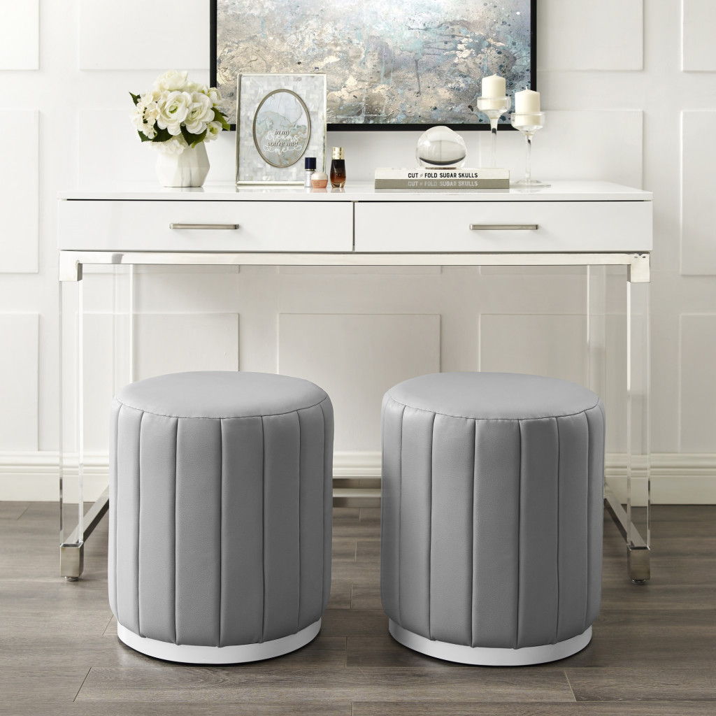 Faux Leather Round Ottoman - Gray / Silver