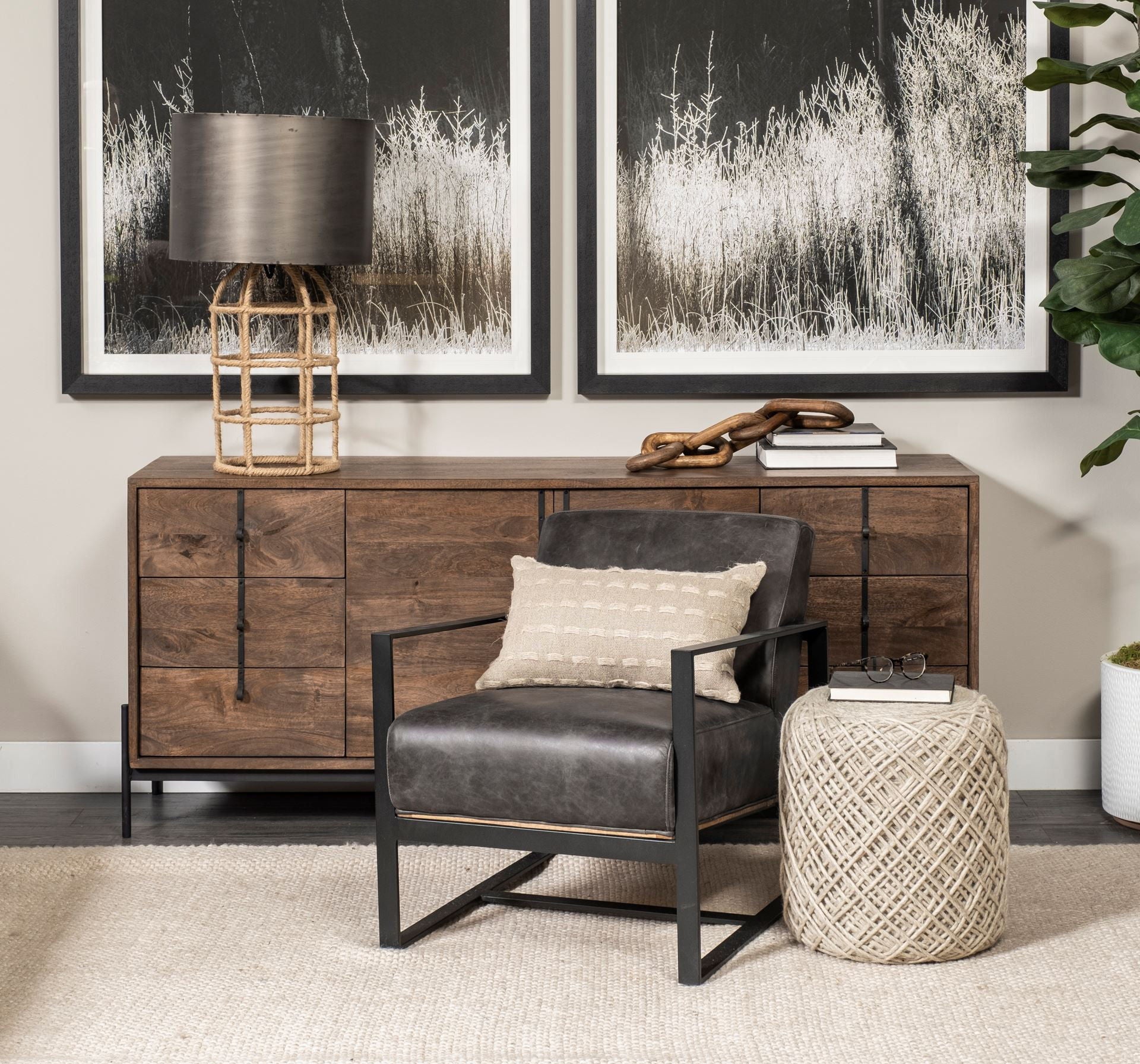 Wool Cylindrical Pouf With Diamond Pattern - Oatmeal