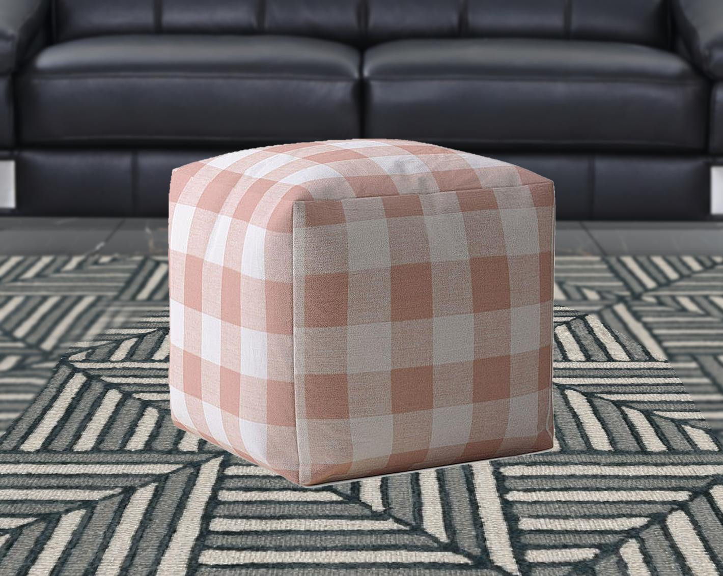 Cotton Gingham Pouf Cover - Pink / White