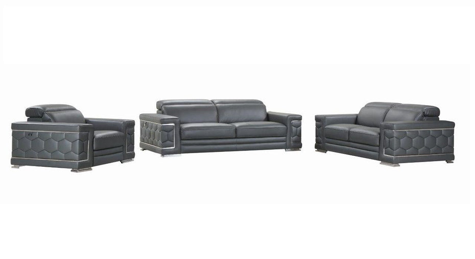 Three Piece Italian Leather Six Person Indoor Seating Set - Dark Gray