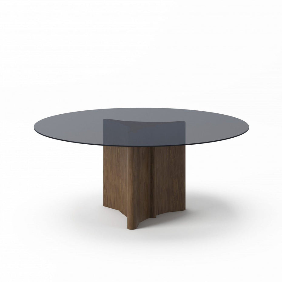 Rounded Glass And Solid Dining Table - Smoked And Walnut