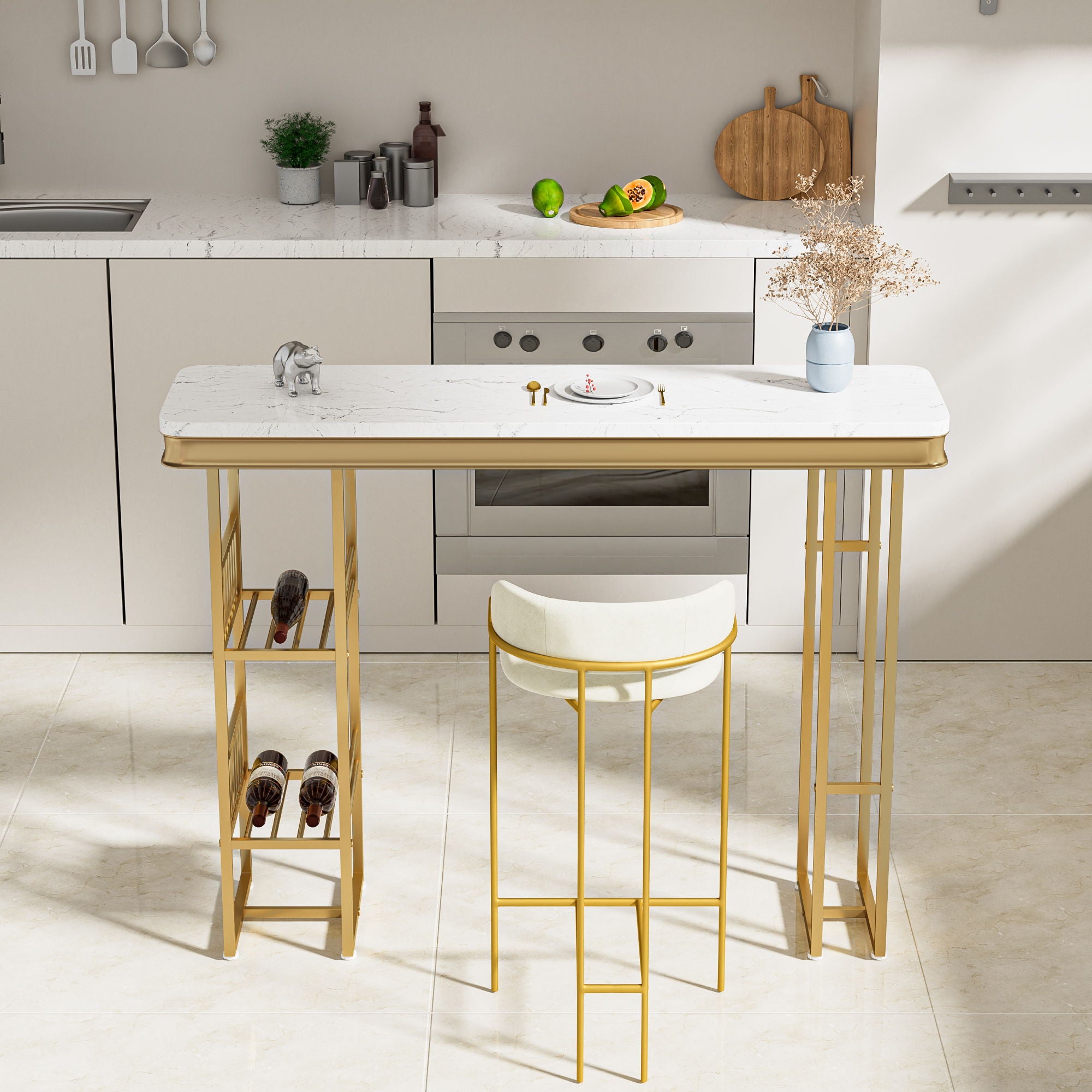 Modern Straight Bar Table With Shelves - White / Gold