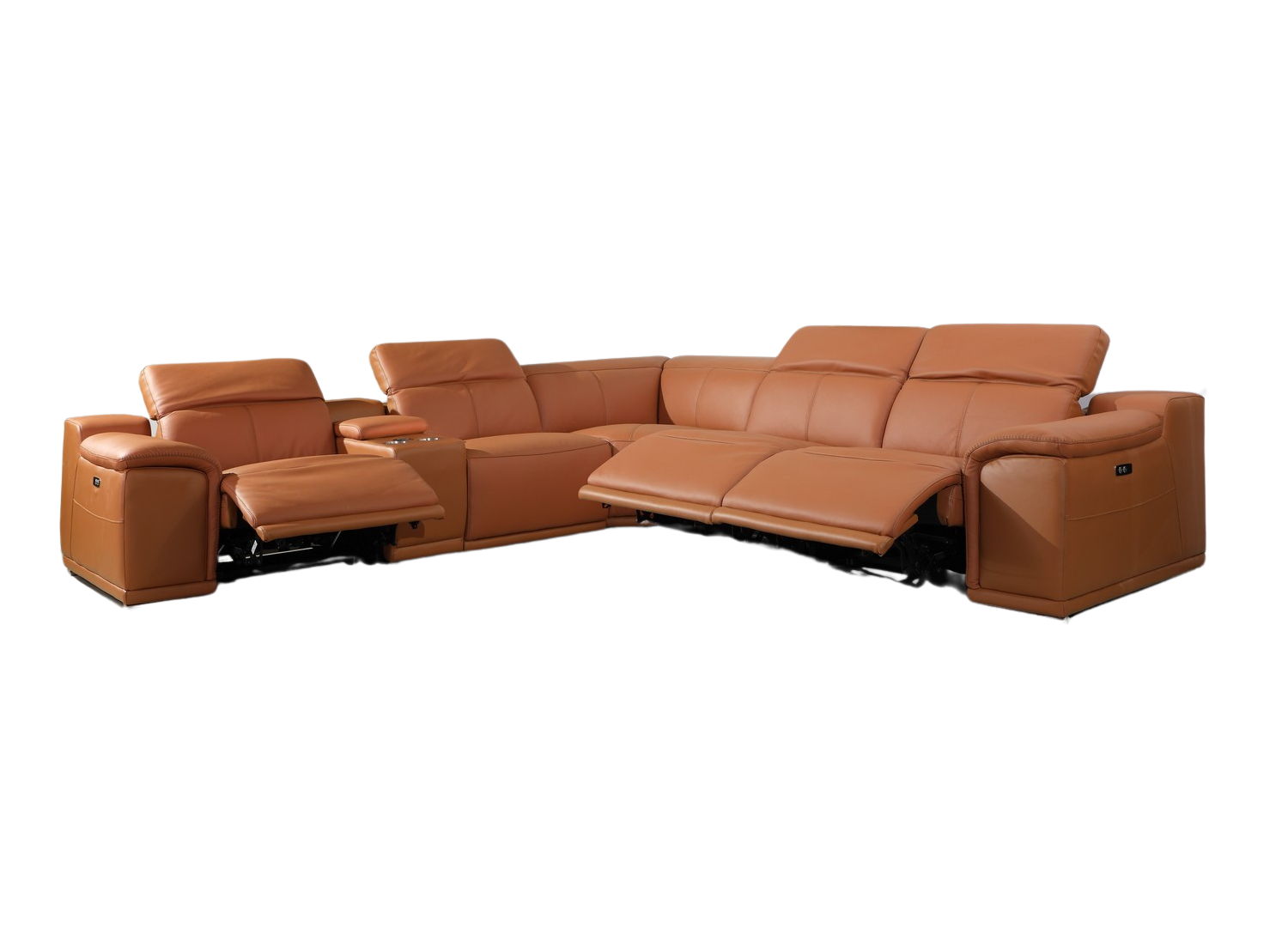 Italian Leather Power Reclining U Shaped Six Piece Corner Sectional With Console - Camel