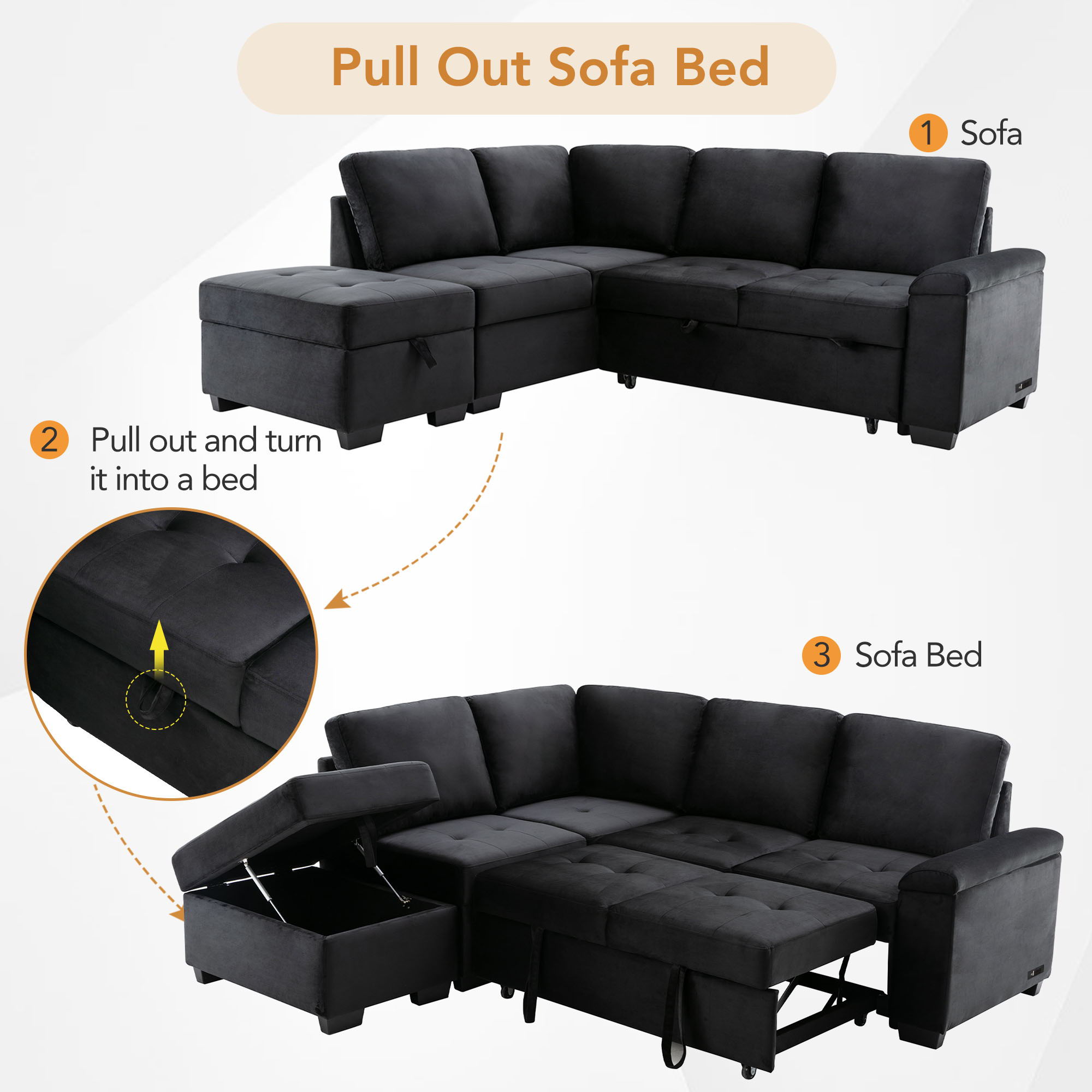 Sleeper Sectional Sofa, L-Shape Corner Couch Sofa Bed With Storage Ottoman & Hidden Arm Storage & USB Charge For Living Room Apartment