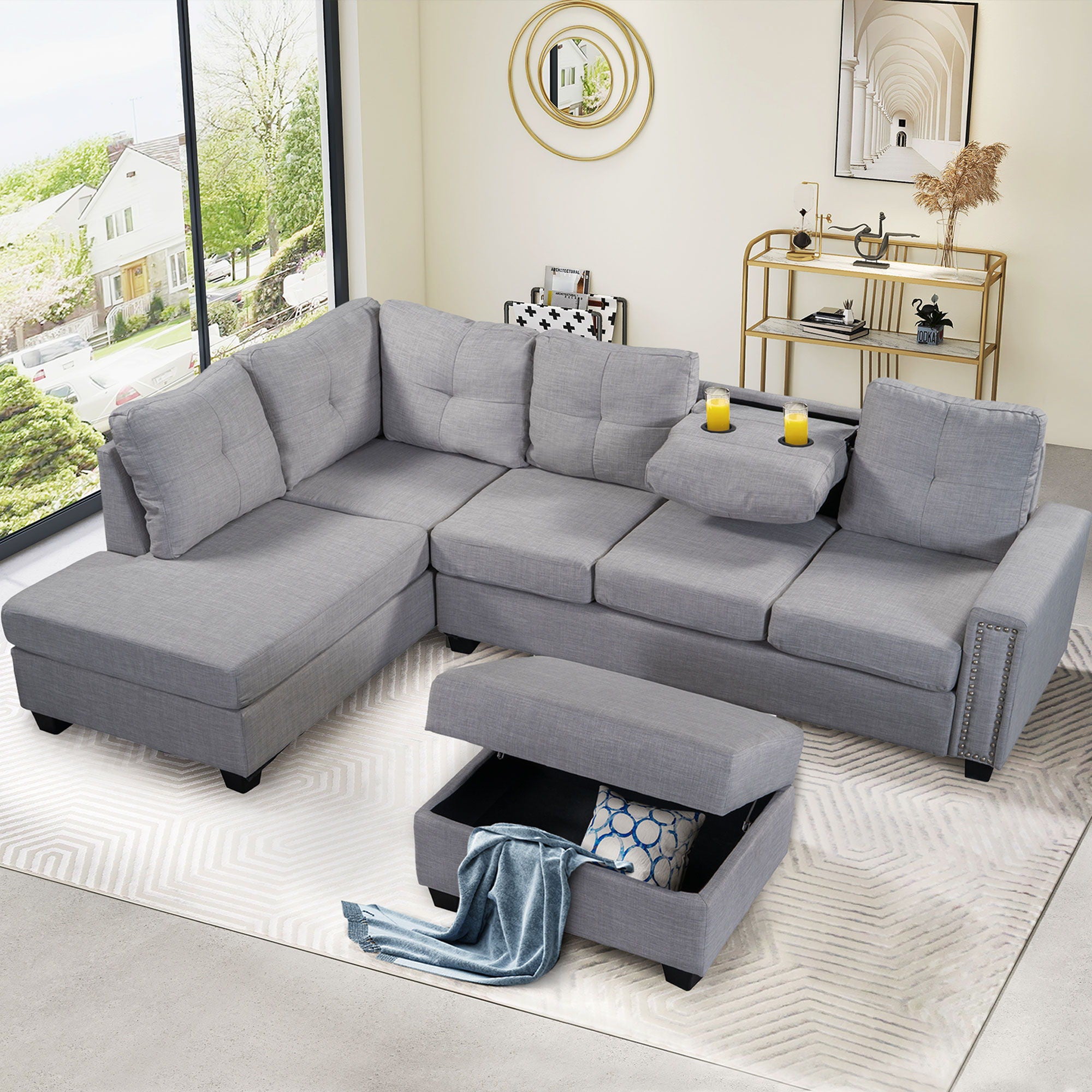 Reversible Sectional Sofa Space Saving With Storage Ottoman Rivet Ornament L-Shape Couch For Large Space Dorm Apartment